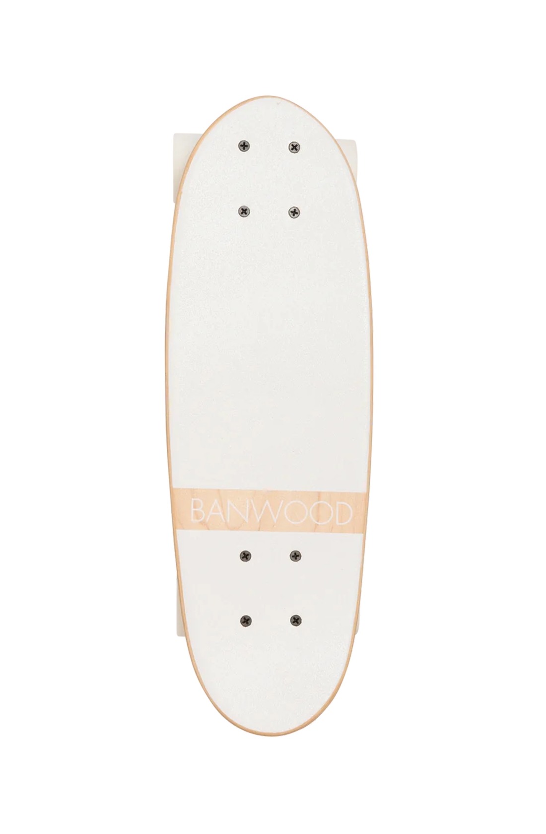 A white wooden banwood kids skateboard with the word banwood across the bottom.