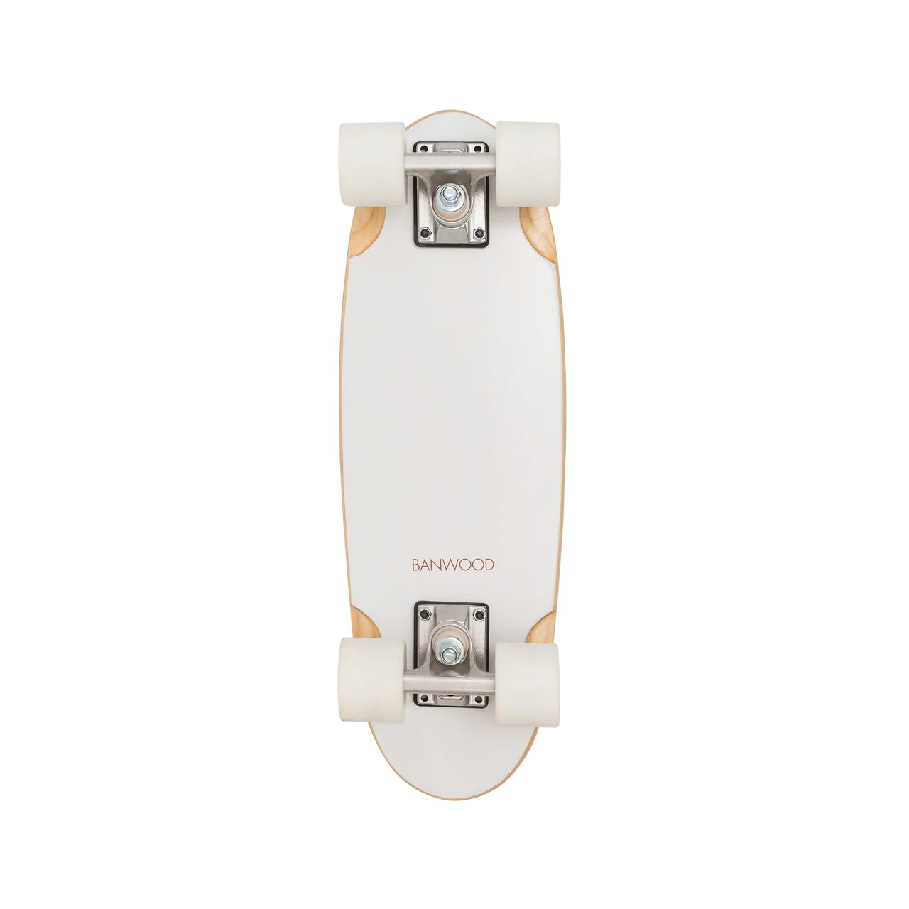 The bottom of a white wooden banwood kids scooter with white wheels and the word banwood just above the bottom set of wheels.