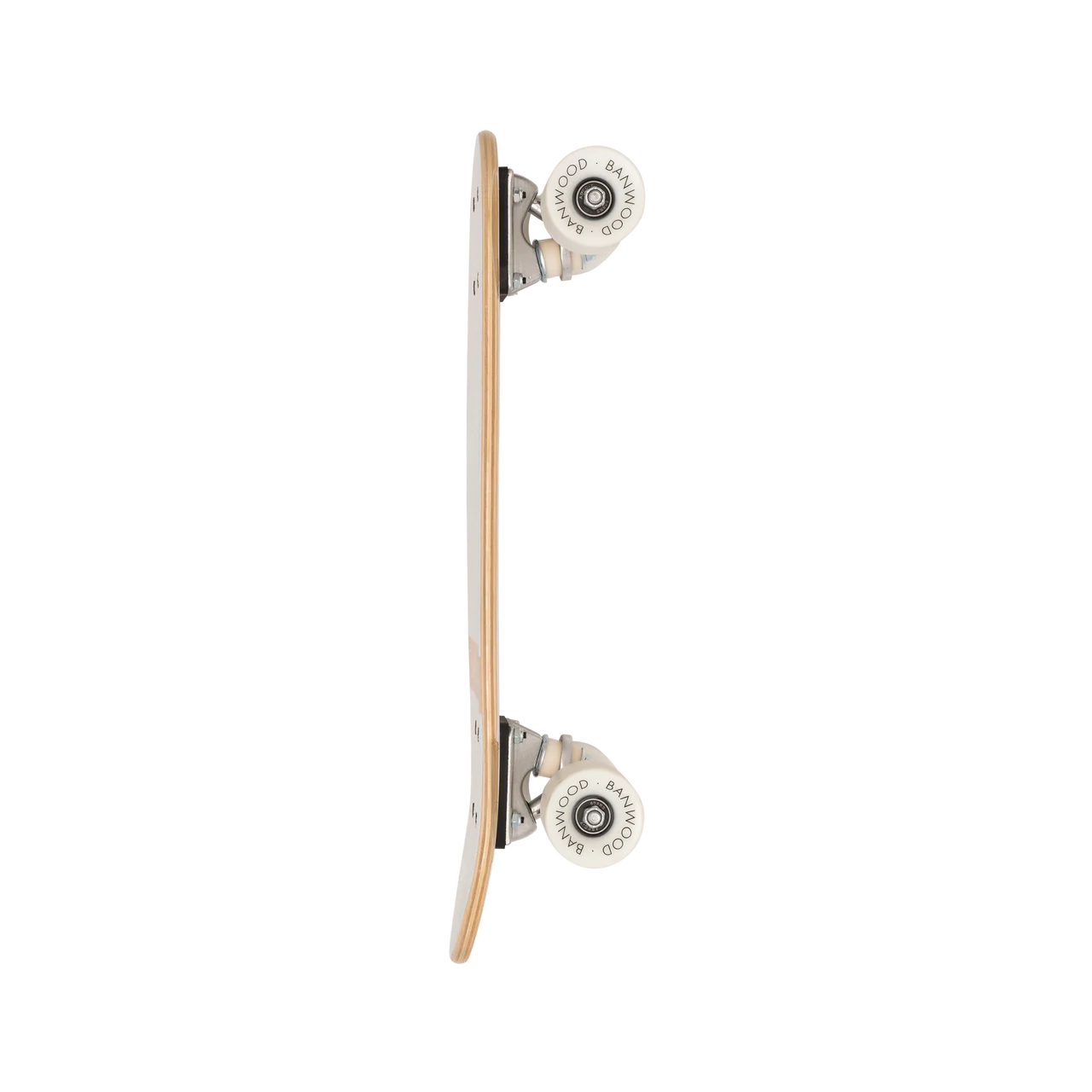 The side view of a wooden banwood kids skateboard with white wheels.