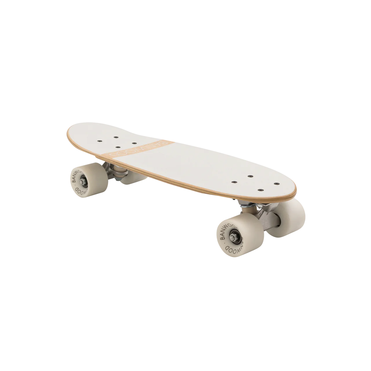 A 45 degree angle shot of a white wooden banwood kids skateboard with the word banwood across the bottom.