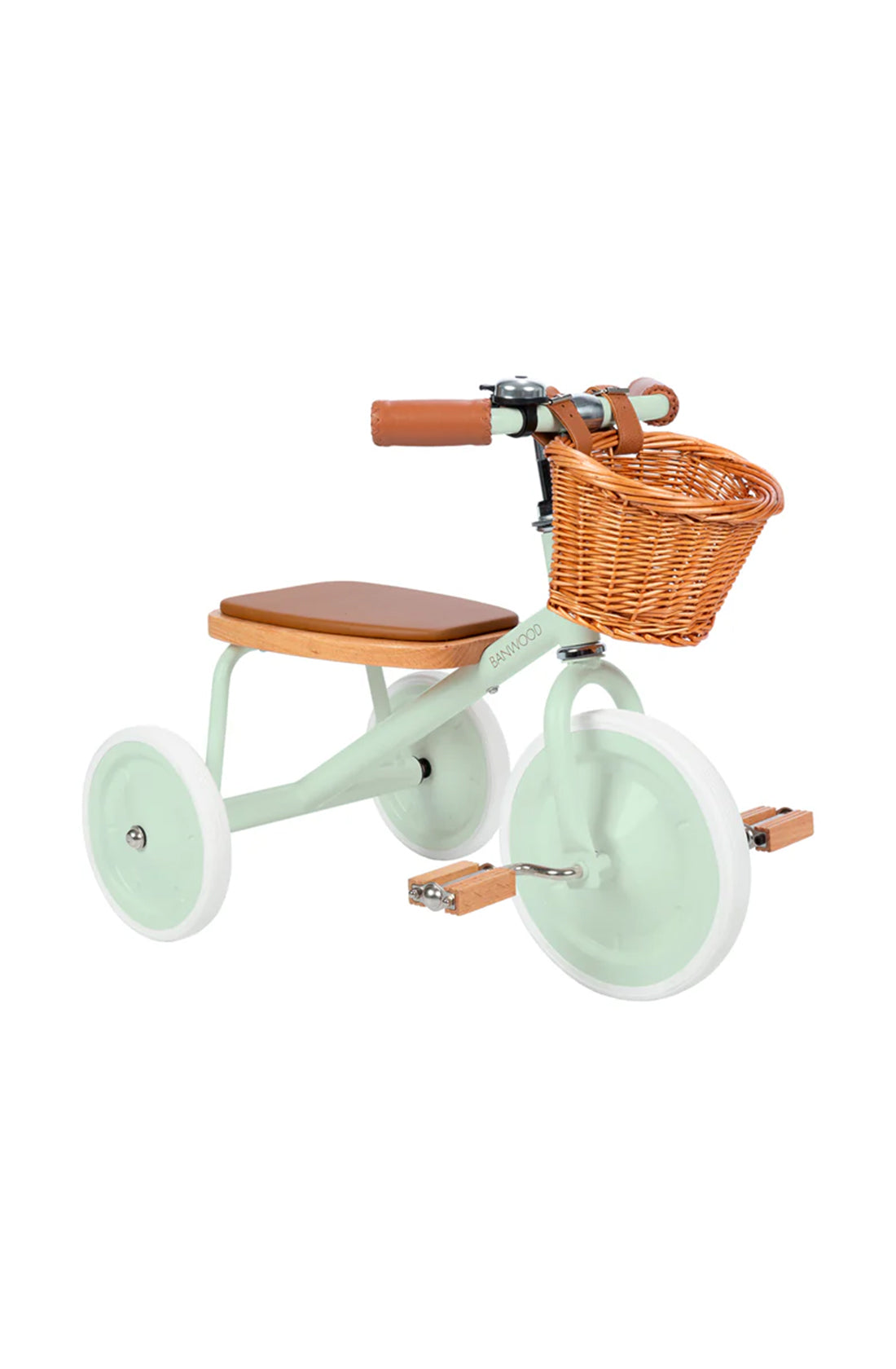 A 45 degree angle shot of a banwood kids trike in pale mint with a straw basket.