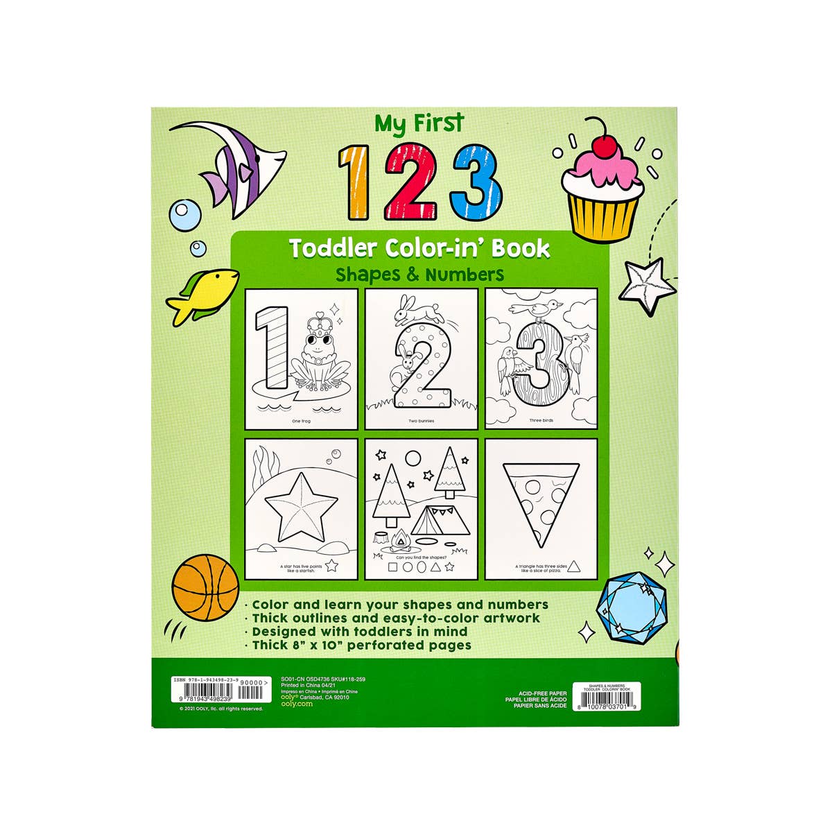 The back view of The OOLY 123: Shapes + Numbers Toddler Colouring Book.