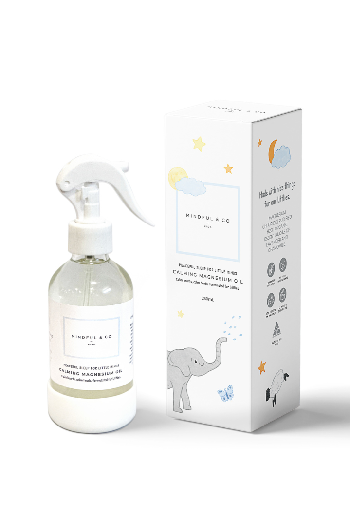 Mindful & Co calming magnesium spray bottle and packaging.