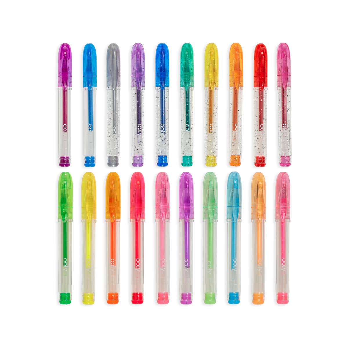 20 individual OOLY mini doodlers fruity scented gel pens laid out in two rows of ten with their lids on.