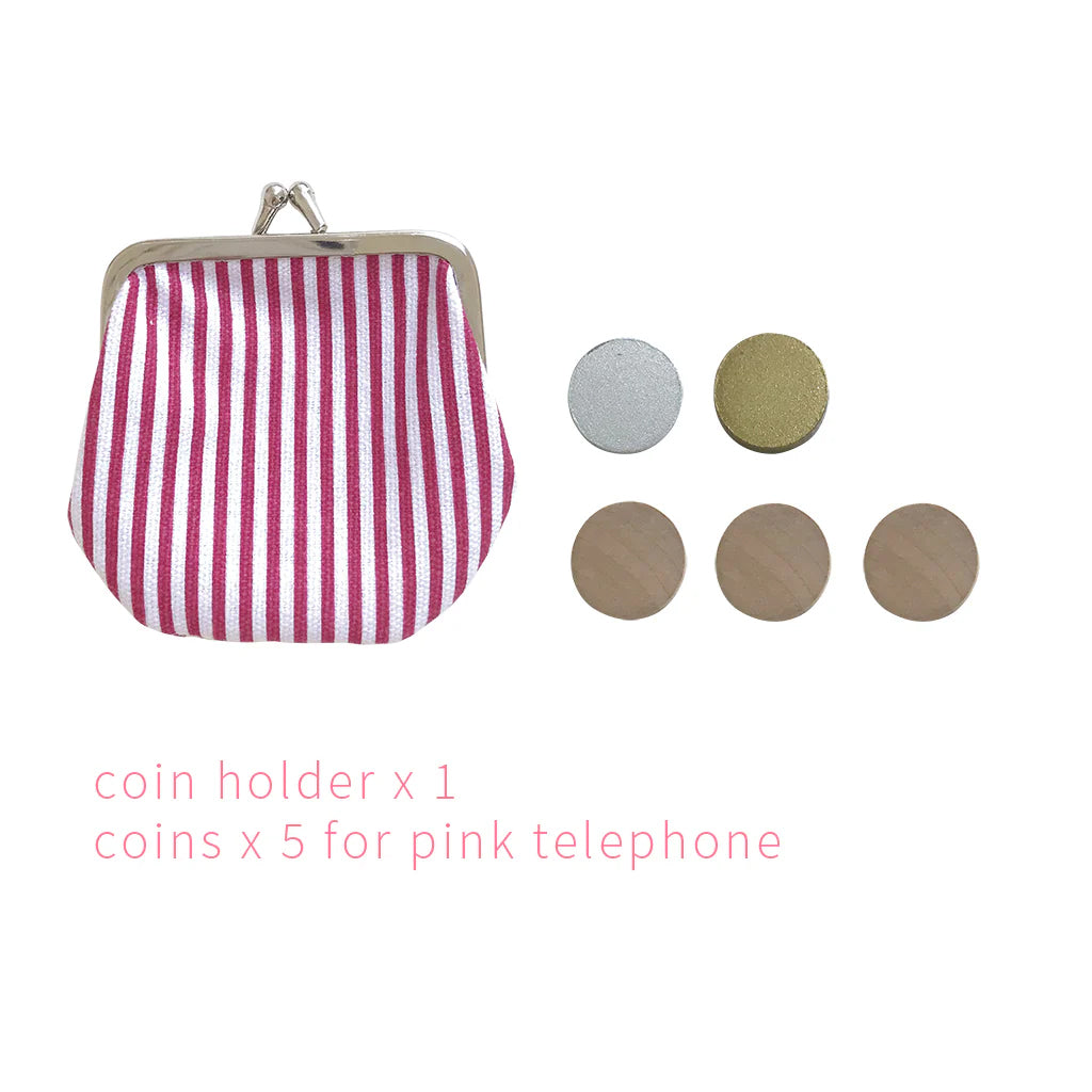 A child's imagination takes flight with the KIKO & GG Retro Telephone Pink. This nostalgic toy features a red and white striped coin holder with a secure clasp at the top, complete with five coins neatly arranged in two rows. Perfect for adding a retro touch to playtime, this set includes "coin holder x 1, coins x 5" for endless fun.