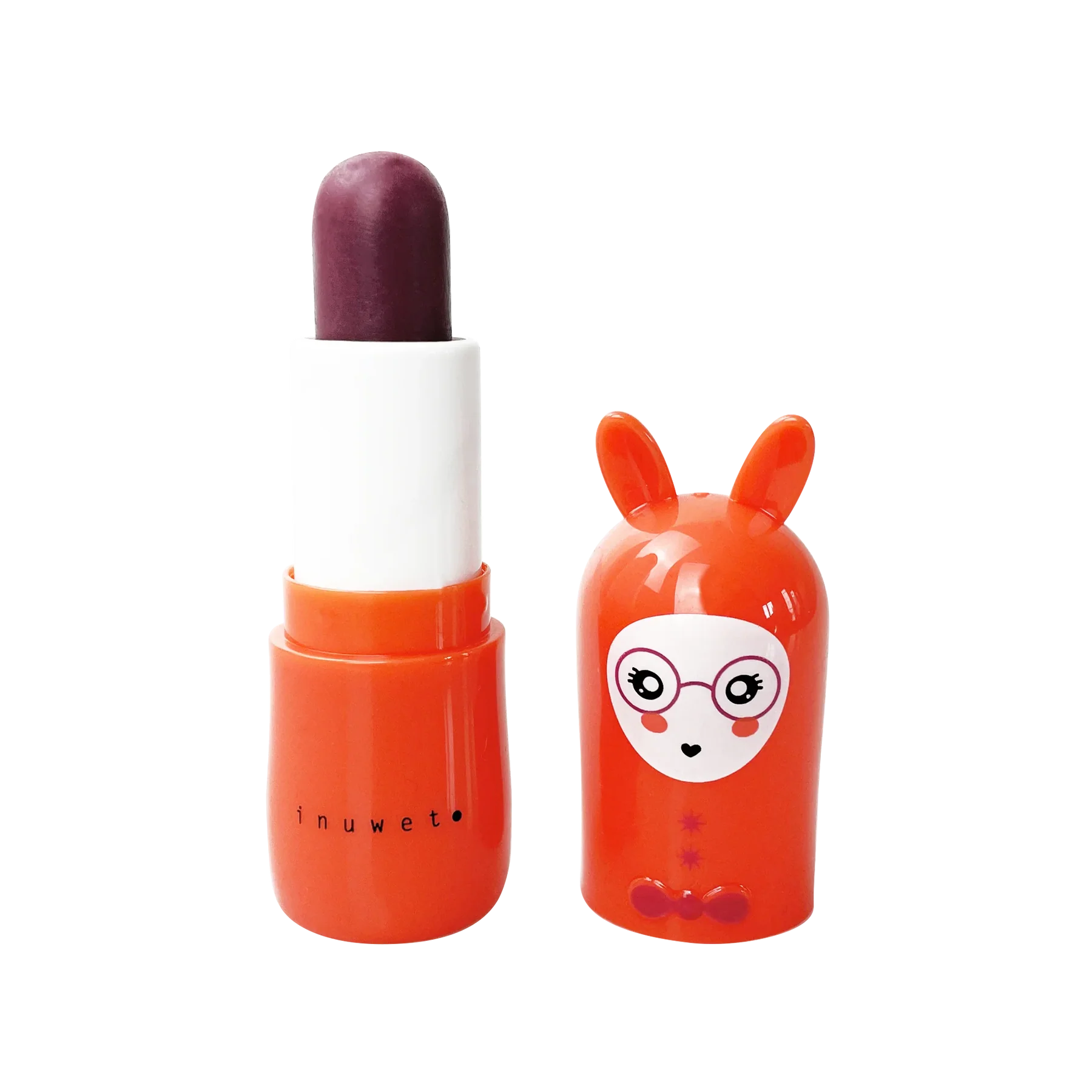 Introducing the Bunny Lip Balm Cola by INUWET: a dark purple lipstick housed in a whimsical orange tube with a white base, adorned with an illustration of an adorable bunny face wearing glasses. The cap, shaped like a bunny head complete with ears, accompanies this vegan lipstick. The brand name "INUWET," renowned for its cruelty-free products, is printed on the tube.