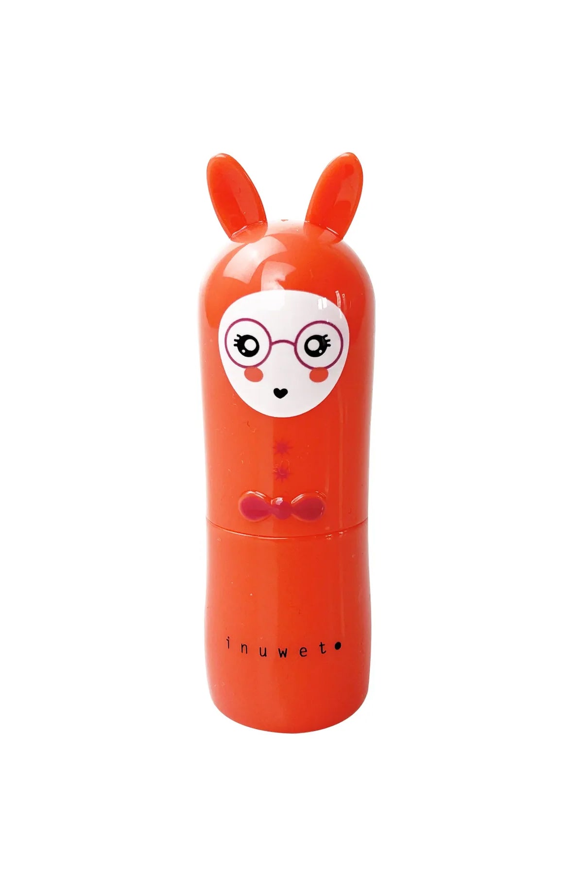 A cute, orange, rabbit-shaped lip balm container named "Bunny Lip Balm Cola" by INUWET. It features a kawaii-style white face with pink glasses and a small smile. The cruelty-free container has bunny ears on top and a small bow at the neck area, with the brand name "INUWET" printed at the bottom.