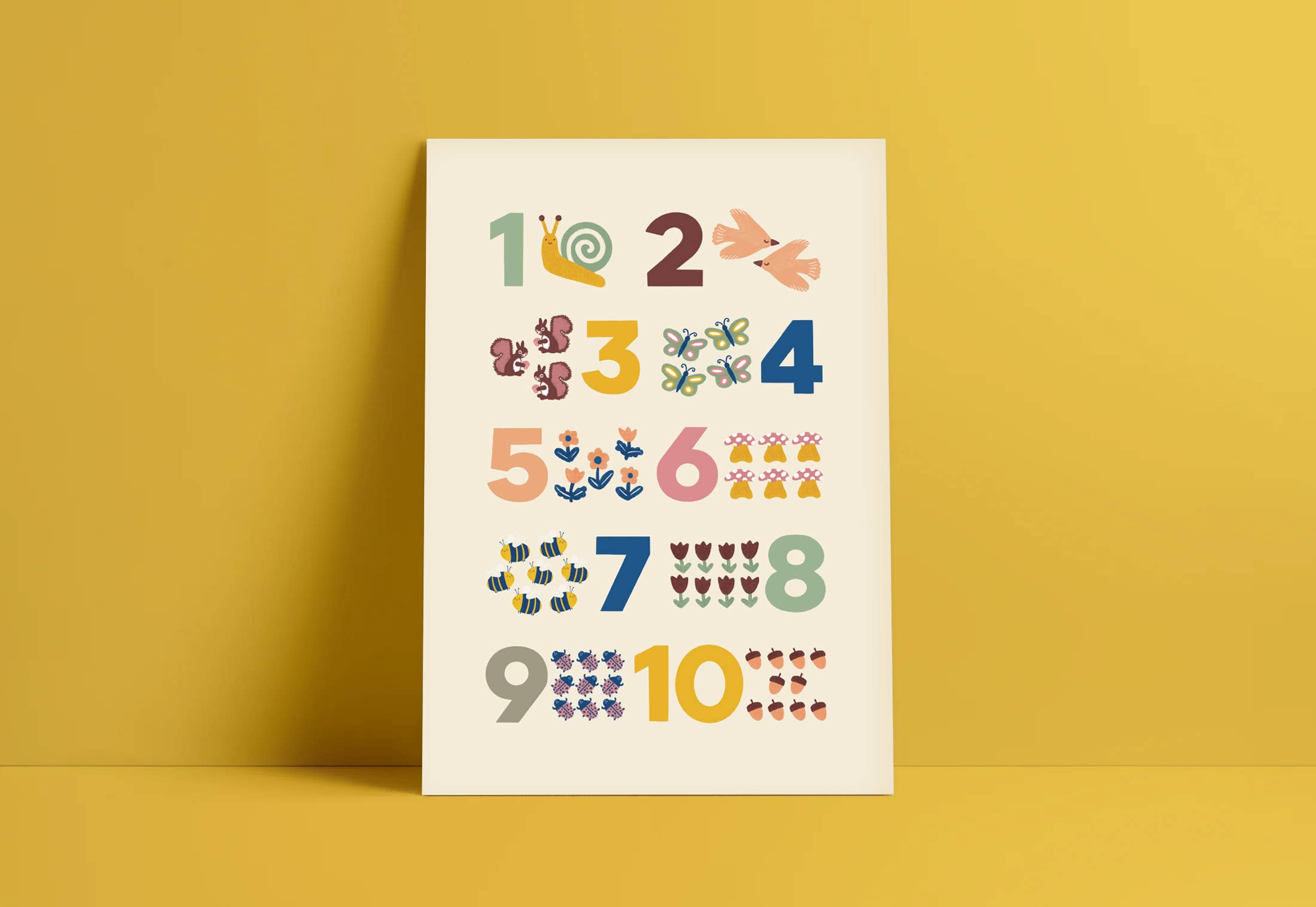 Lauren Sisson's enchanting 1-10 illustrated educational print, with coloured numbers from 1-10 with the corresponding amount of flowers or animals beside them, the print is unframed and leaning against a yellow wall.