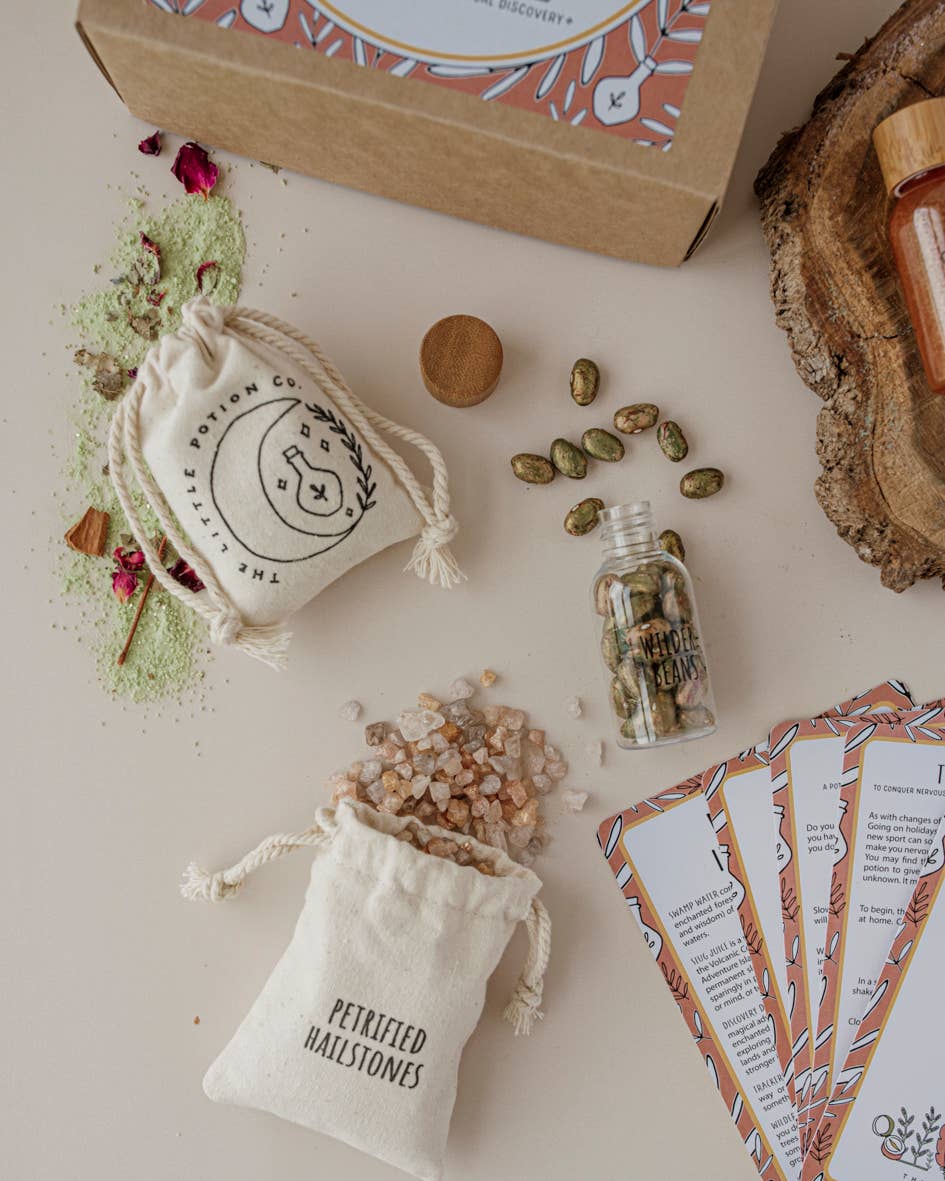 A flat lay image featuring an assortment of items including a fabric pouch labeled "Petrified Hailstones" filled with small stones, another pouch, a bottle of seeds from the Wild Adventure MINDFUL Potion Kit by THE LITTLE POTION CO, a few cards, a wooden block, and a cardboard box. Dried flowers and powder are scattered around.