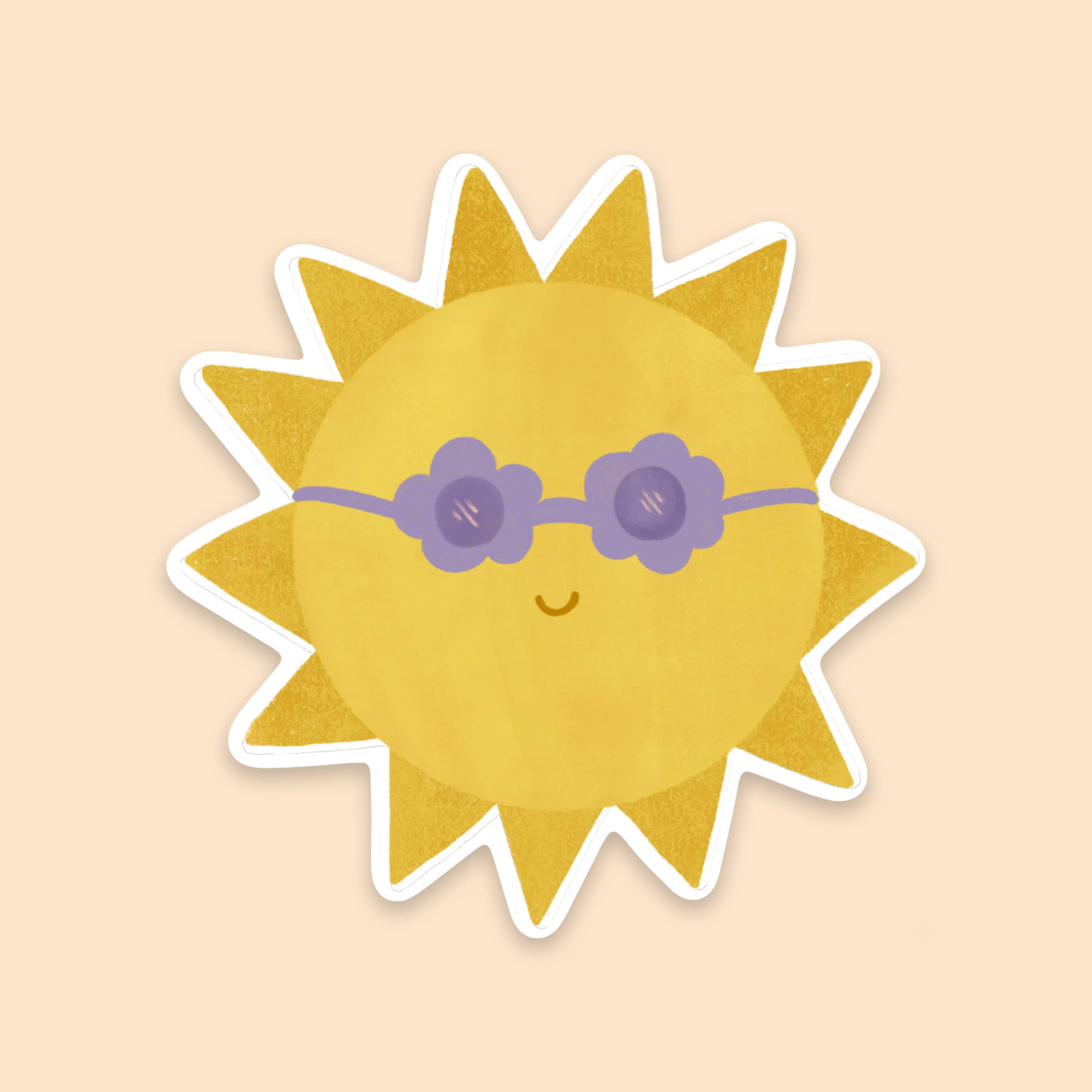 A cheerful, illustrated yellow sun with a smiling face, adorned in purple flower-shaped sunglasses, stands out on a pale beige background. The rays of the "Sunshine Sticker" by LAUREN SISSONS STUDIO are depicted as triangular beams radiating outward, spreading positive vibes all around.