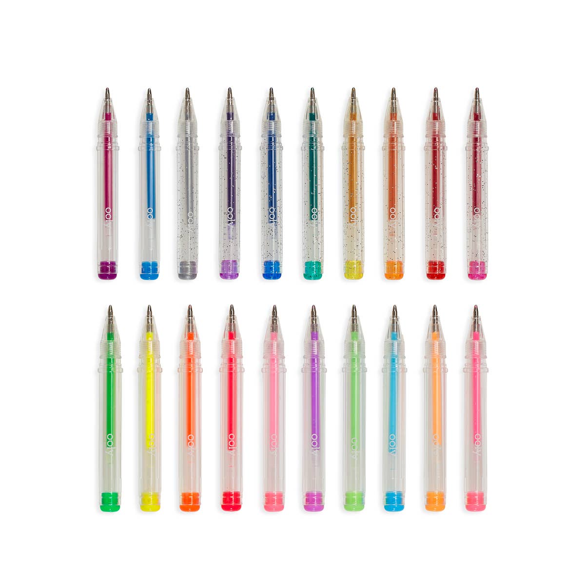 20 individual OOLY mini doodler fruity scented gel pens in multiple colours laid out in two rows of ten with their lids off.