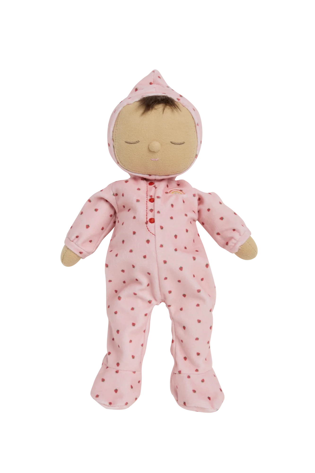Introducing the Dozy Dinkum Strawberry Pip from OLLI ELLA, a soft doll adorned in a pink, polka-dotted outfit with a hat that resembles a sweet strawberry. The doll's simple, neutral face with closed eyes gives it a peaceful, sleeping appearance. This charming creation also features red buttons down the front.