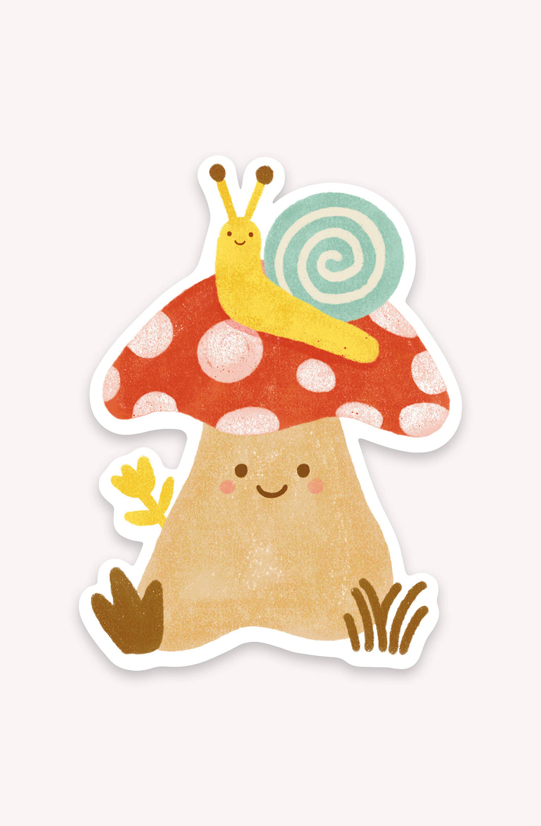 This cheerful Mushroom Sticker by LAUREN SISSONS STUDIO features a cute toadstool with a smiling face and a red cap adorned with white spots. A yellow snail with a teal spiral shell sits atop the toadstool, all set against a light beige background, making it an adorable addition to any vinyl collection.