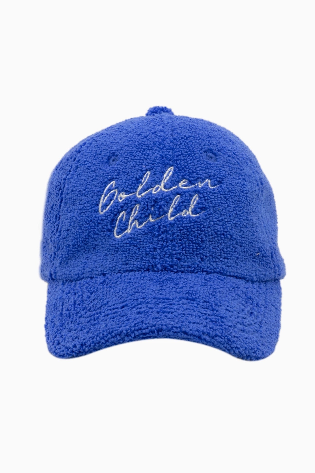 The Children's Terry Towelling Cap in Electric Blue, crafted by GOLDEN CHILD, showcases cursive white embroidery of the brand's name on the front. The fabric offers a textured and fuzzy feel, ideal for a children's cap, set against a plain white background.