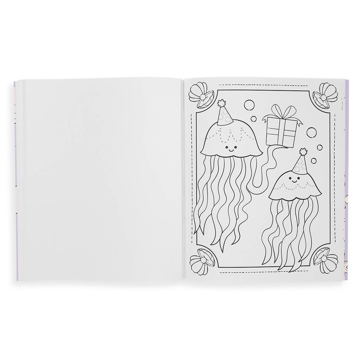 A page in a colour in book with two octopus, with one holding a present wearing party hats.