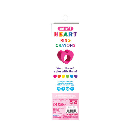 The back of a set of 6 OOLY heart ring crayons in its packaging.