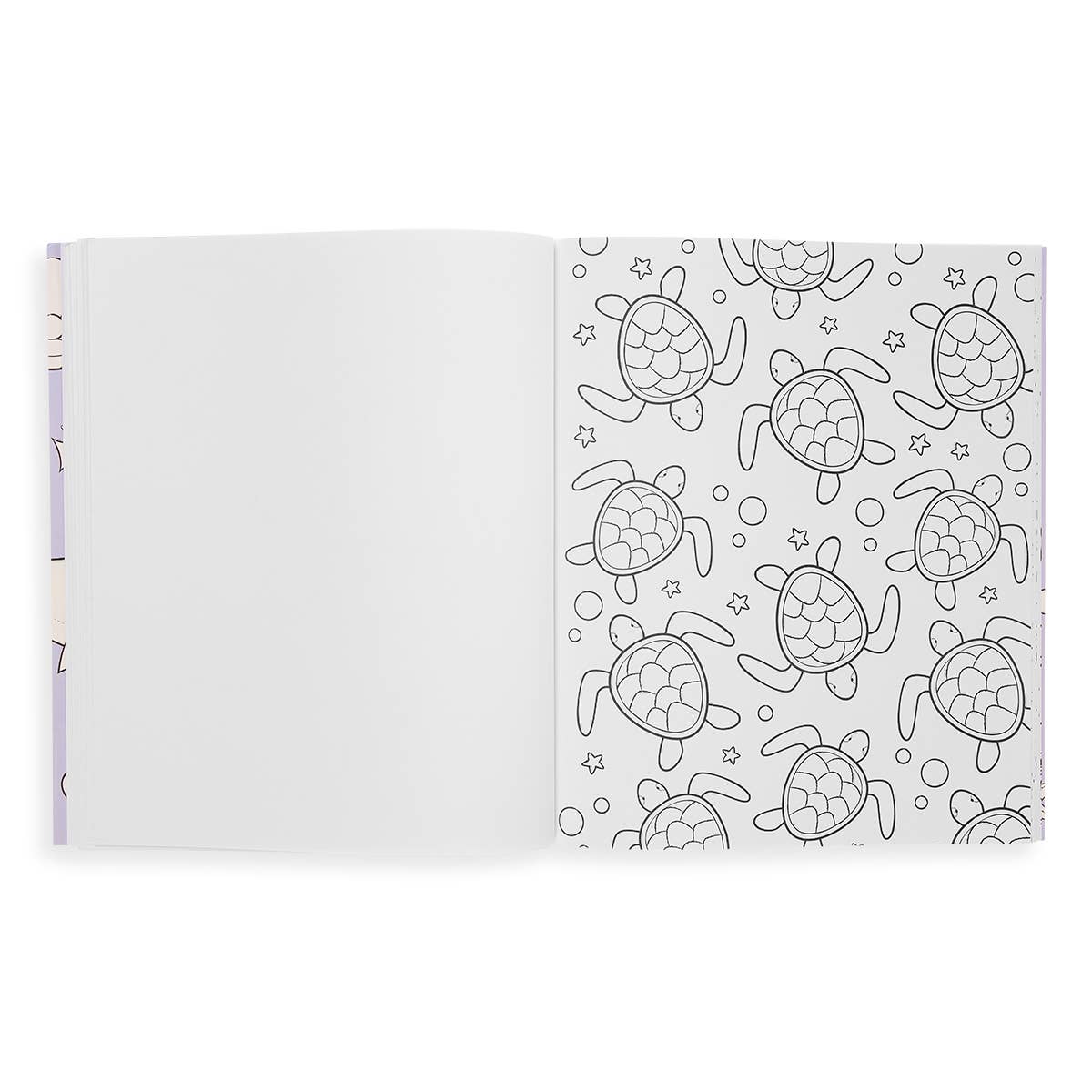 A page in a colour in book with turtles, stars and bubbles all over the pages.