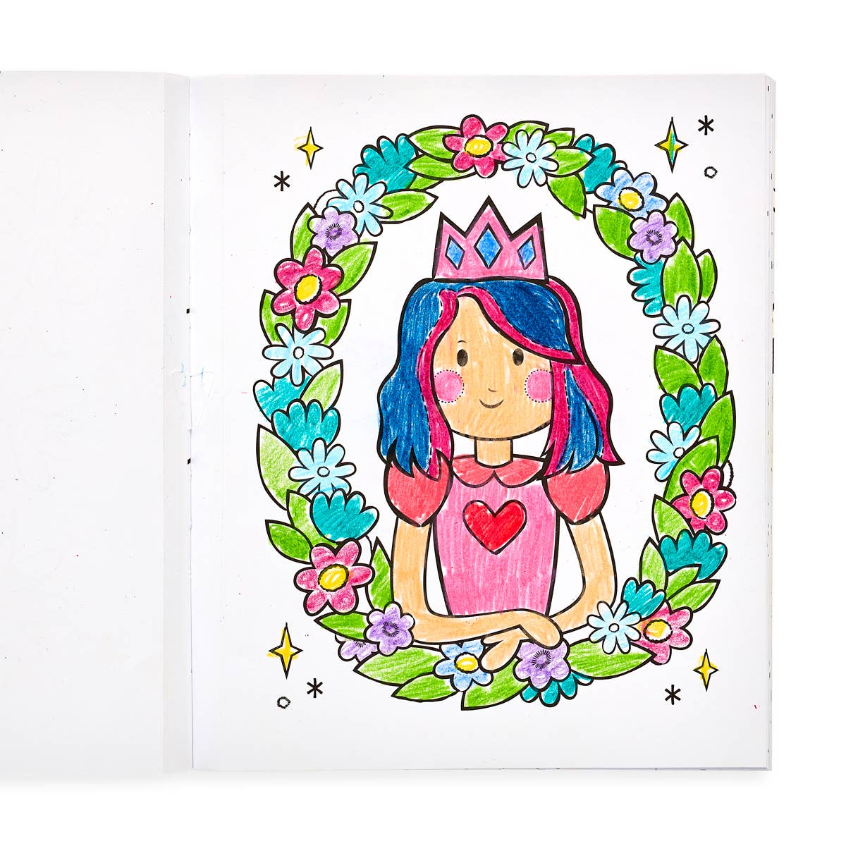 A page in a colour in book of a princess inside a flower wreath.