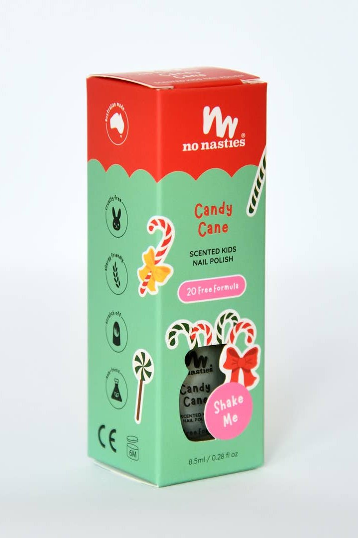 Introducing the "Candy Cane Water Based Scented Scratch Off Kids Nail Polish" by NO NASTIES. This 8.5ml product features red and green packaging decorated with candy cane illustrations and proudly displays eco-friendly and cruelty-free icons. This vegan delight offers a non-toxic experience for children.