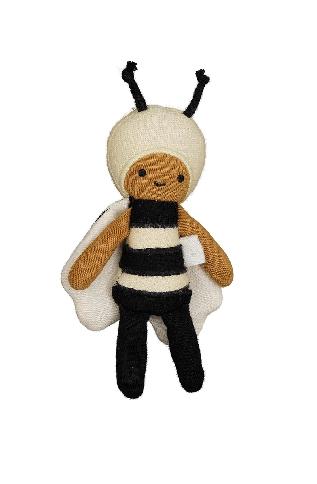 The Bee Pocket Friend by FABELAB is a plush toy made from organic cotton, featuring a brown face with a smiling expression, black antennae, a white and black striped body, and black legs. The toy's wings are white and attached to its back, making it perfect for Pocket Friends collections.