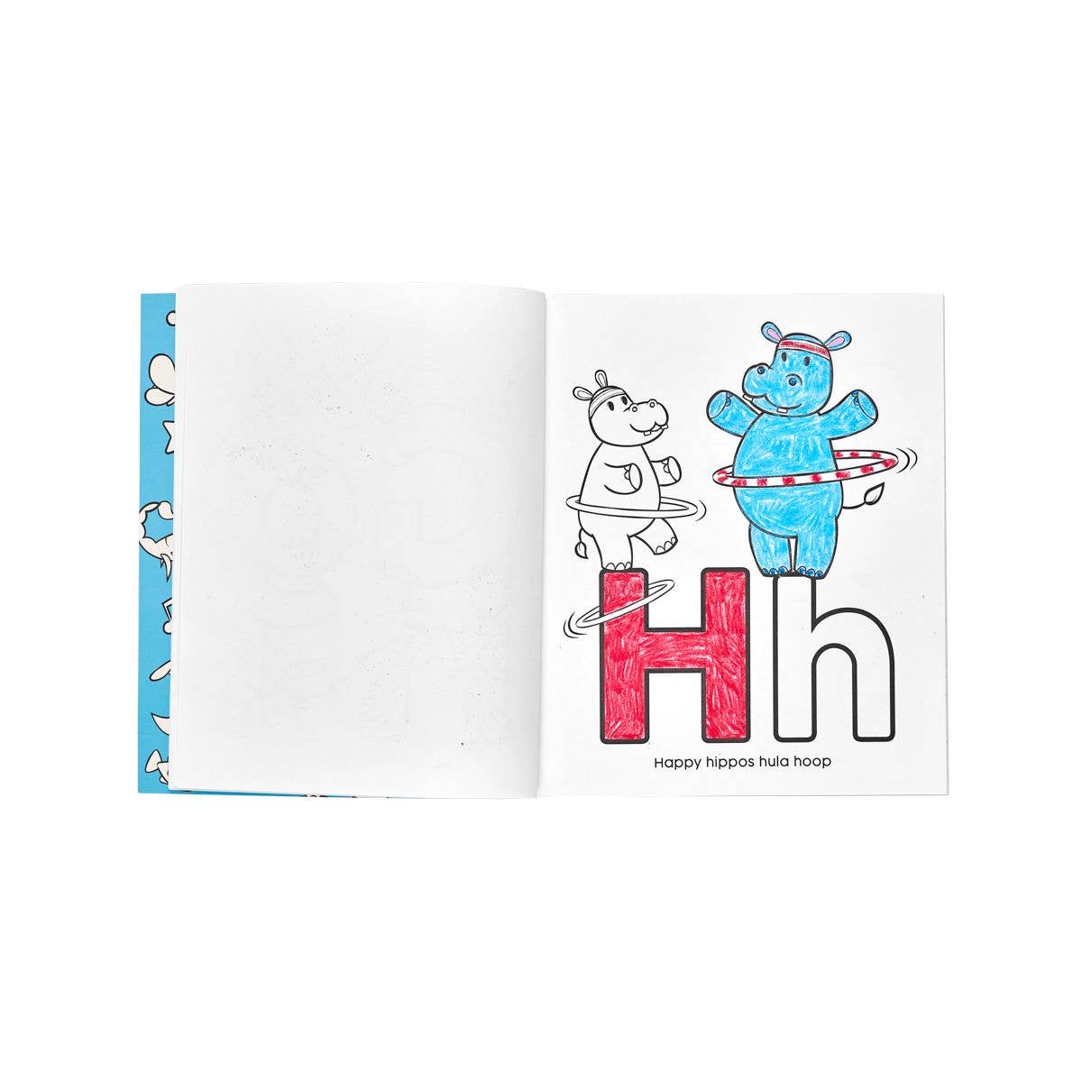 The inside of the ABC: Amazing animal toddler colouring book with two hippos standing on the letters H and h.