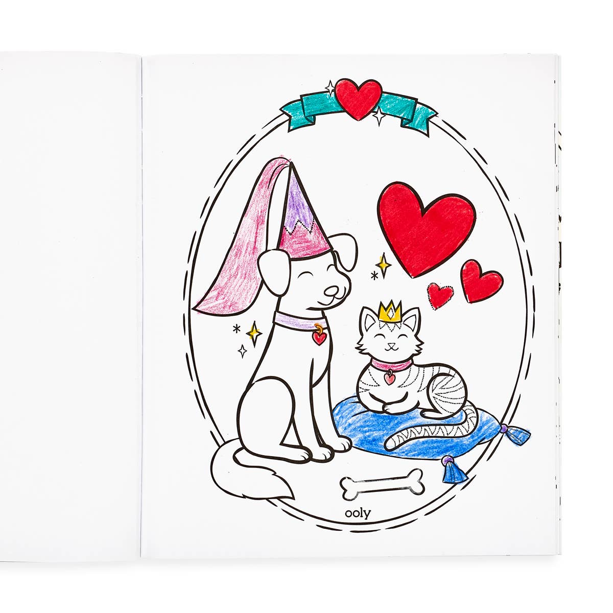 A page in a colour in book with a dog and a cat wearing a hat and crown with love hearts above their heads and a bone on the floor.