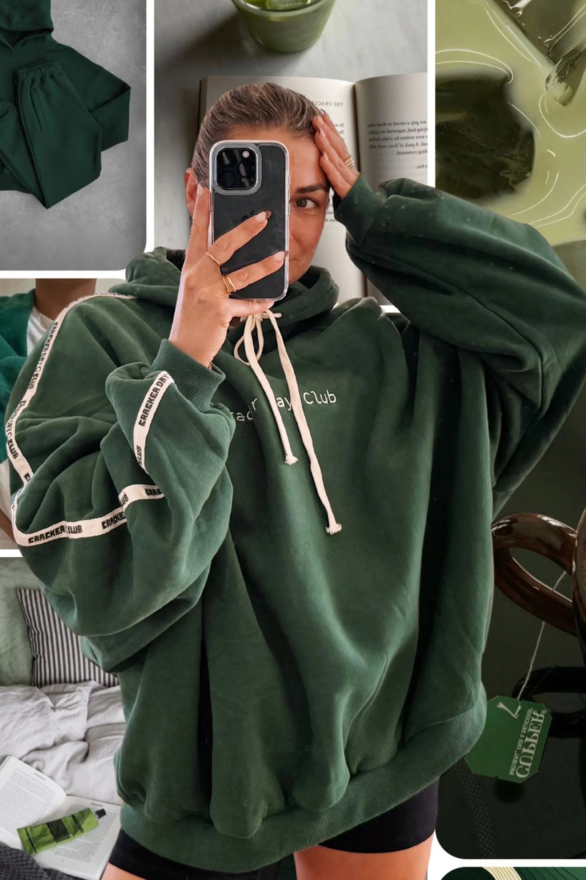 A woman takes a mirror selfie in the CRACKER DAY CLUB Cracker Day Club - Cloud Racer Hoodie Forest, an oversized heavyweight terry cotton hoodie. The background displays books, a candle, and green cozy items in a collage arrangement.