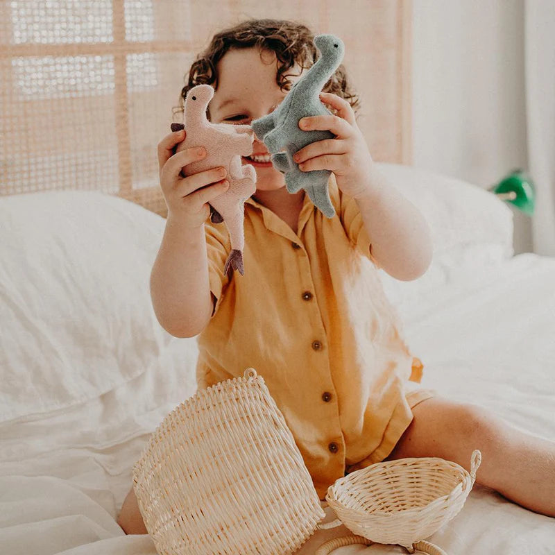 A child with curly hair, wearing a yellow shirt, sits on a bed and holds up two OLLI ELLA Holdie Dinosaurs, one pink and one blue. In front of the child are wicker baskets. The background features a wooden headboard and white bedding. These prehistoric pals bring joy to playtime!