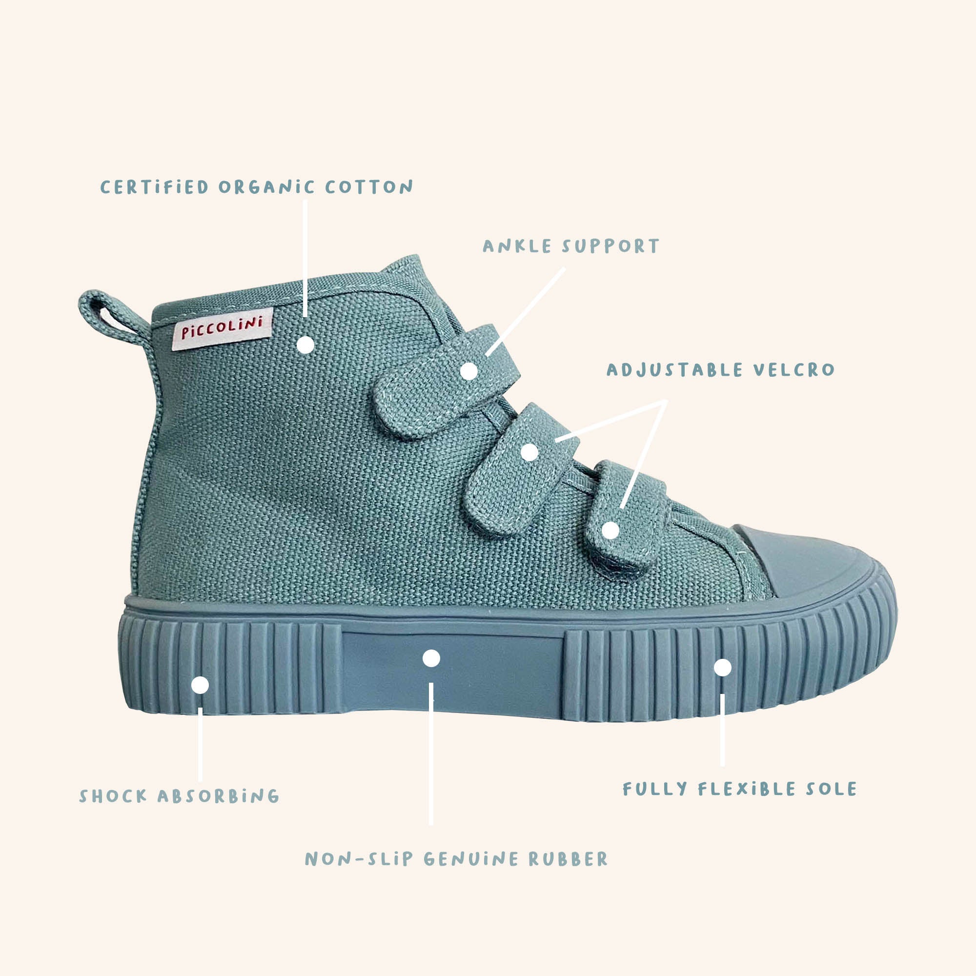 Green high-top sneaker featuring certified organic cotton, ankle support, adjustable Velcro straps, a shock-absorbing non-slip rubber sole, and a fully flexible sole. It includes a removable insole for added comfort and displays the "PICCOLINI" brand tag on the side.