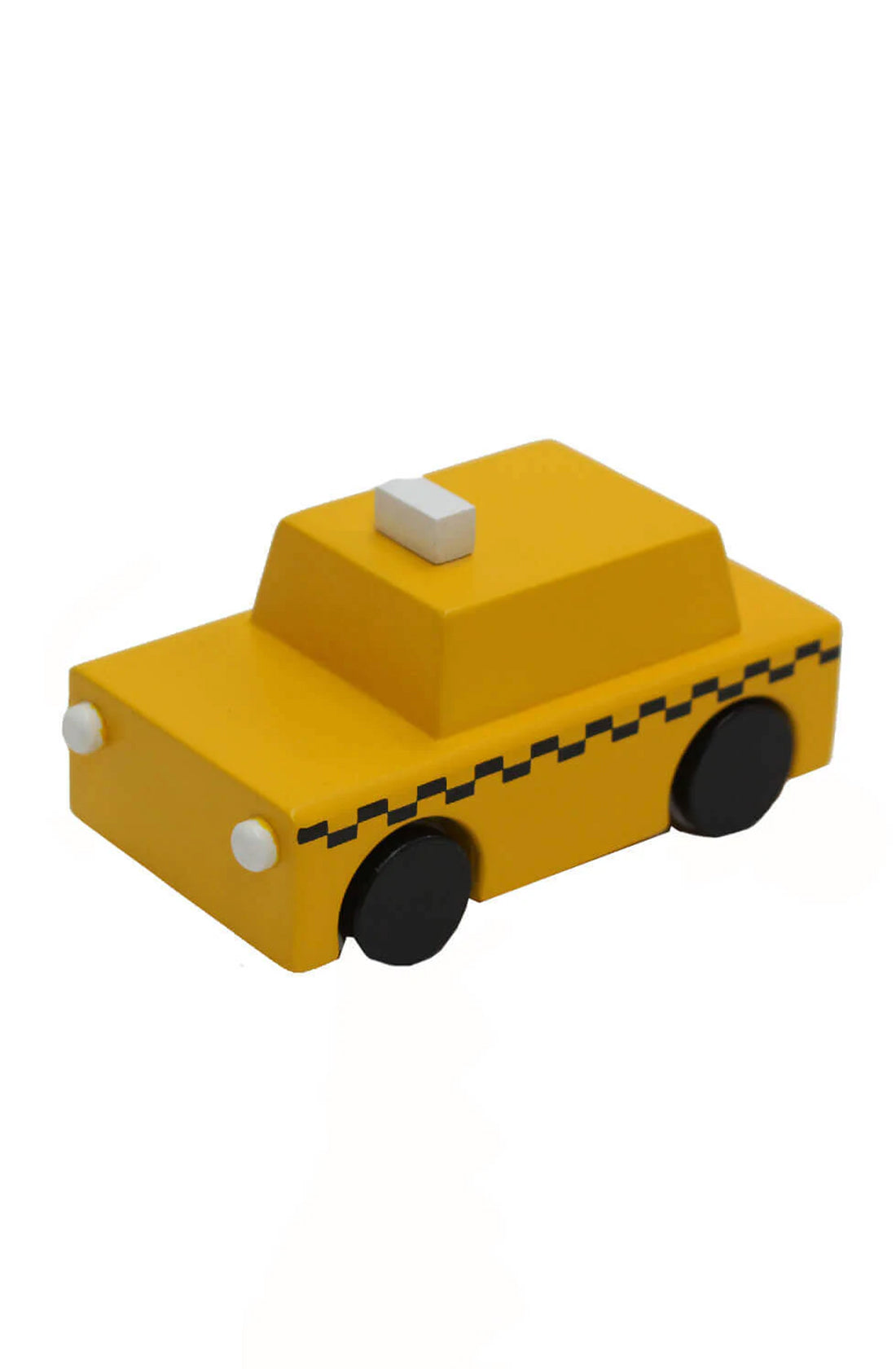 The NY Taxi Wooden Friction Car by KIKO & GG is a bright yellow toy with a simple, blocky design. Crafted from sustainably sourced beech wood, it features black wheels, black and yellow checkered detailing along the sides, and a small grey taxi sign on its roof. The pull back car mechanism adds an extra layer of fun to its minimalistic appeal.