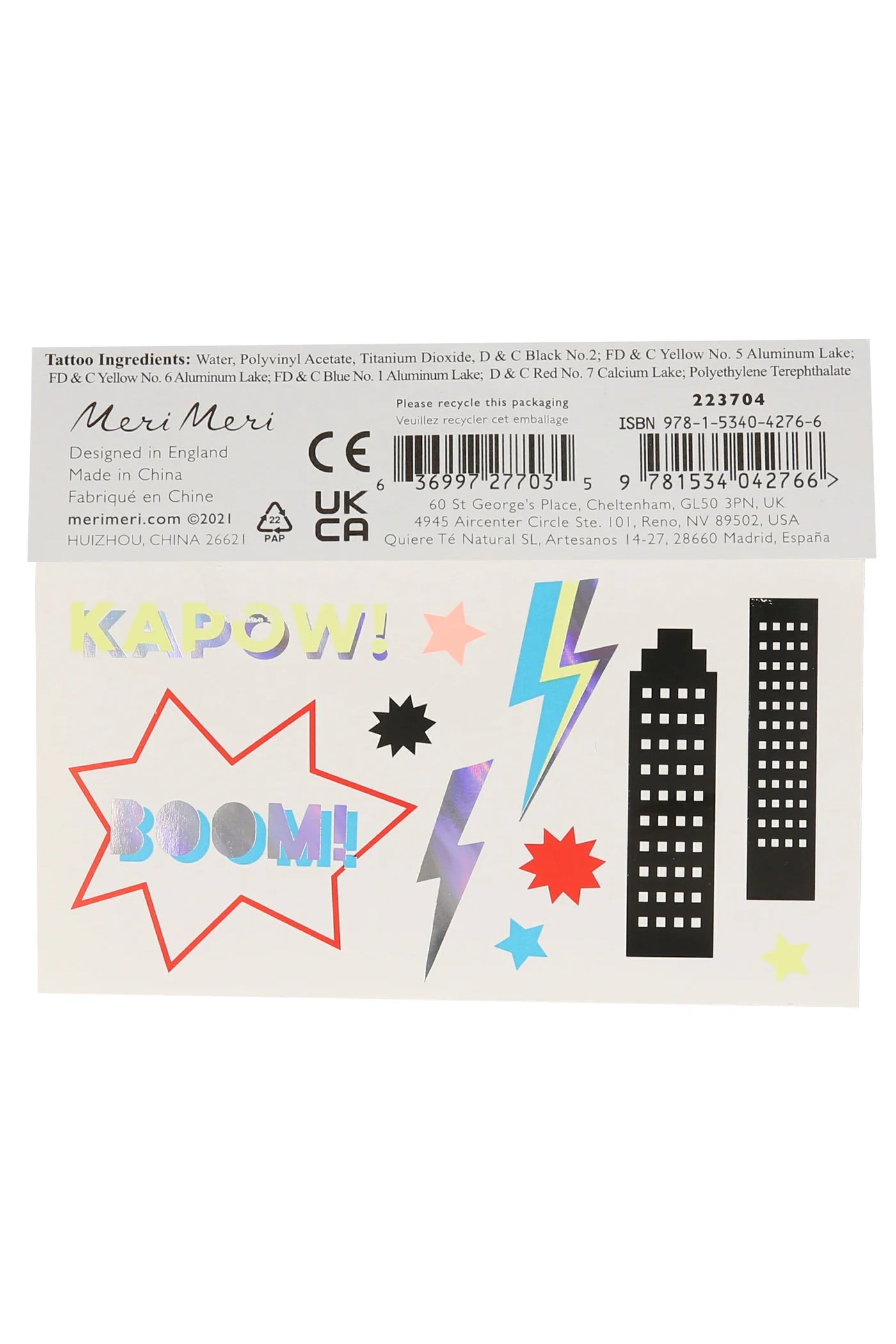 Introducing the "Superhero Tattoos" from MERI MERI—a pack of two featuring comic-style designs in vibrant neon colors. The set includes bursts with "KAPOW!" and "BOOM!", a lightning bolt, colorful stars, and dynamic silhouettes of skyscrapers, all enhanced by holographic foil effects. The background also features product information and a barcode at the top for convenience.