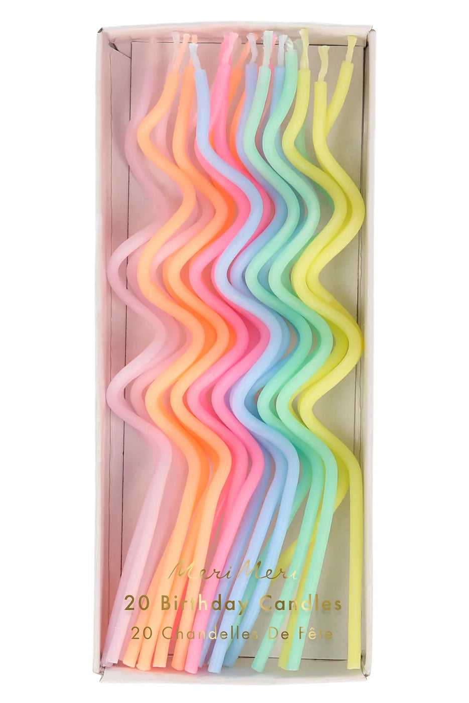 A pack of 20 Pastel Swirly Candles by MERI MERI in delightful shades such as pink, orange, yellow, green, and blue. Ideal for birthday cakes, these vibrant candles are neatly arranged side by side.