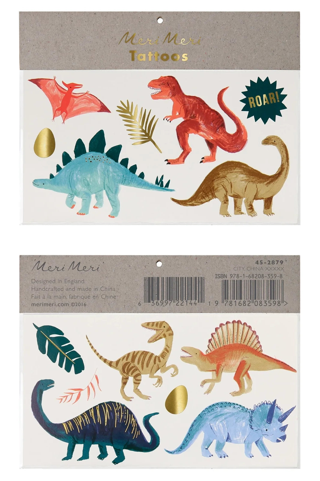 Explore the Dinosaur Kingdom with two large sheets of temporary tattoos from MERI MERI, showcasing vibrant designs such as T-Rex, Triceratops, and Velociraptor. The "Dinosaur Kingdom Large Tattoos" pack also includes a playful "Roar!" speech bubble, making it the ideal Jurassic-themed accessory.