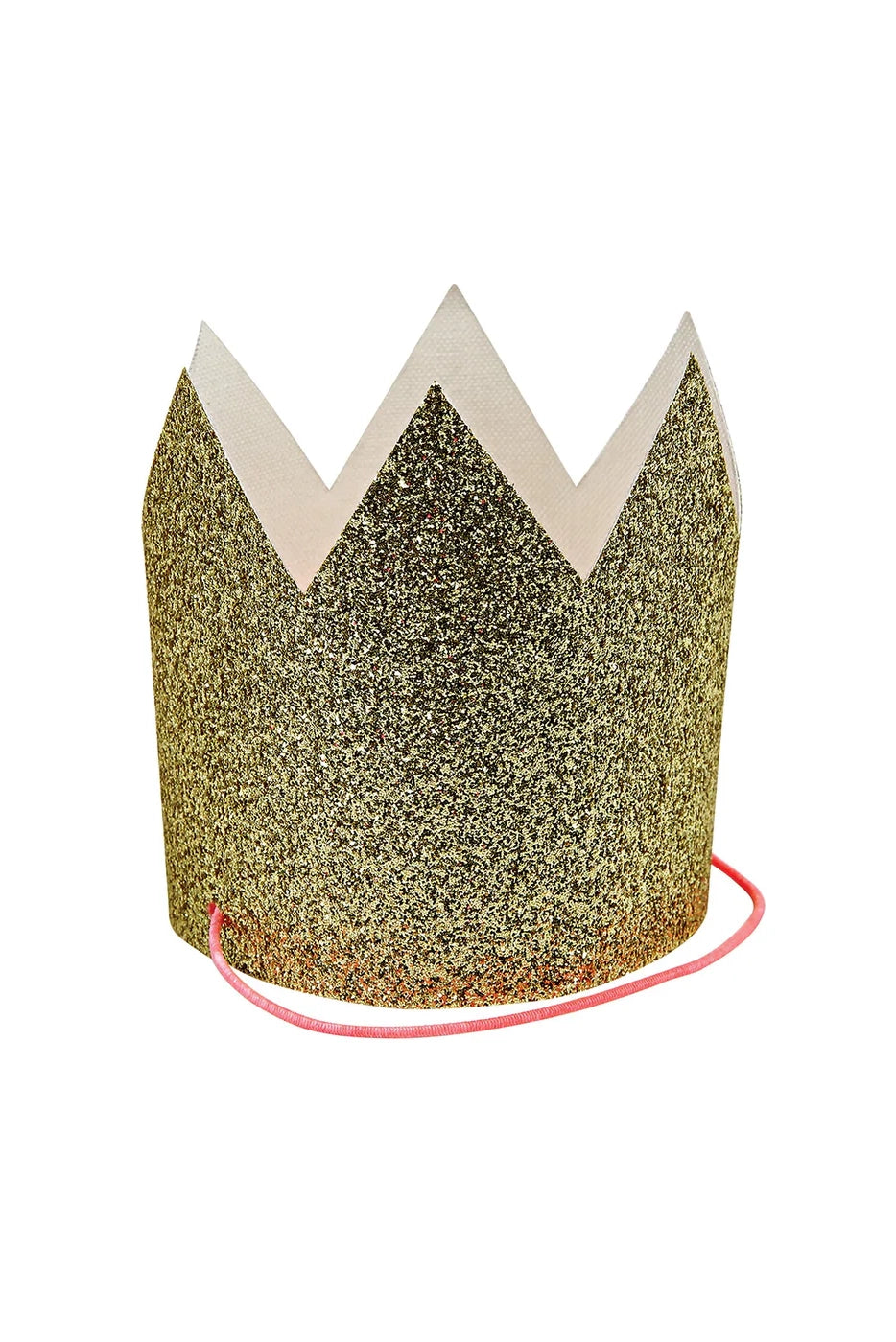 The Mini Gold Glitter Crowns by MERI MERI, featuring a jagged top edge and a red elastic band for wearing, make the perfect accessory for any celebration. Available in a pack of six.