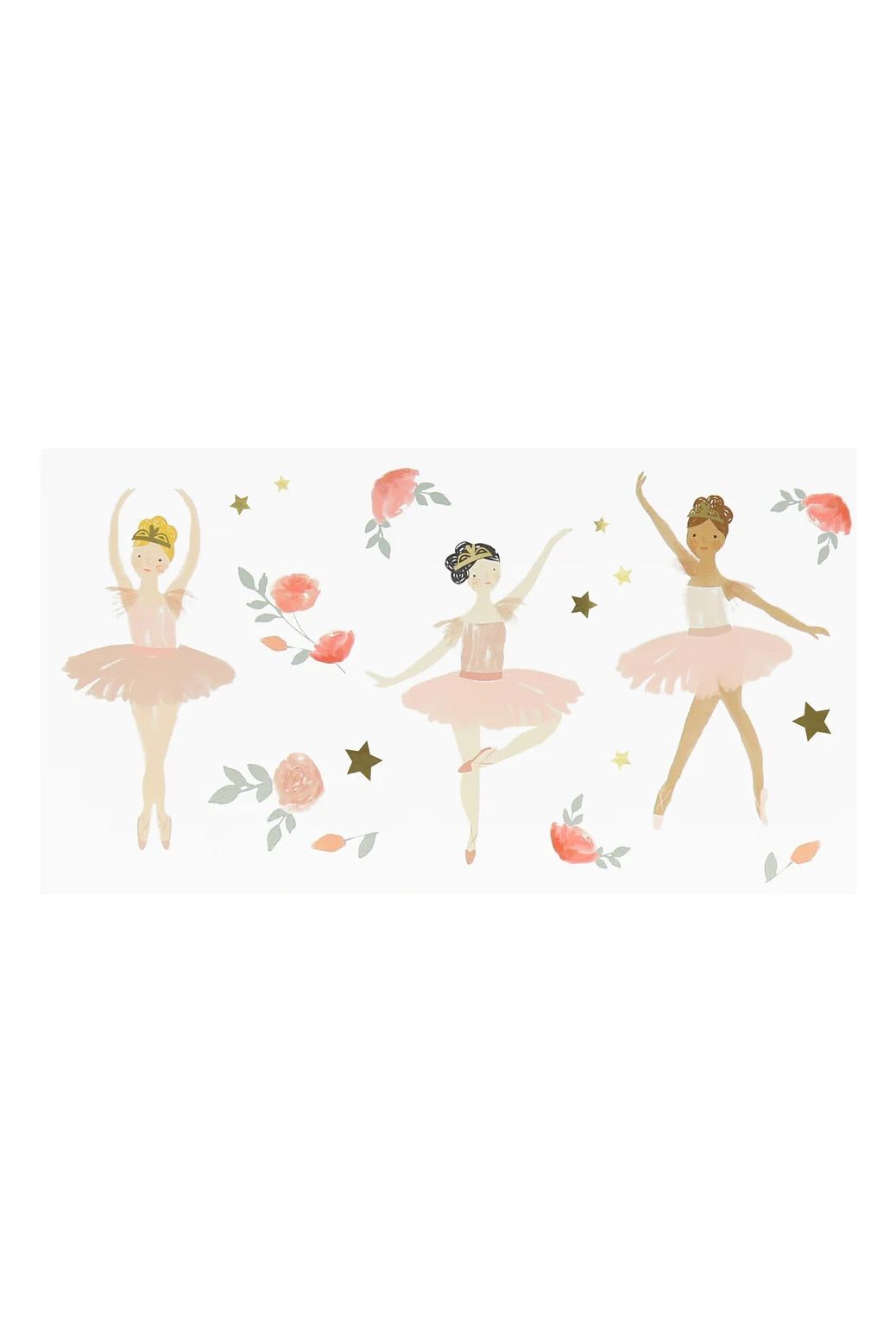 Featuring a beautiful illustration of three ballerinas in pink tutus, these enchanting MERI MERI Ballet Tattoos (Pack of 2) showcase elegant dancers surrounded by delicate floral motifs and tiny golden stars. Against a light backdrop that emphasizes the scene's whimsical charm, they're an ideal choice for adding grace to any party activity.