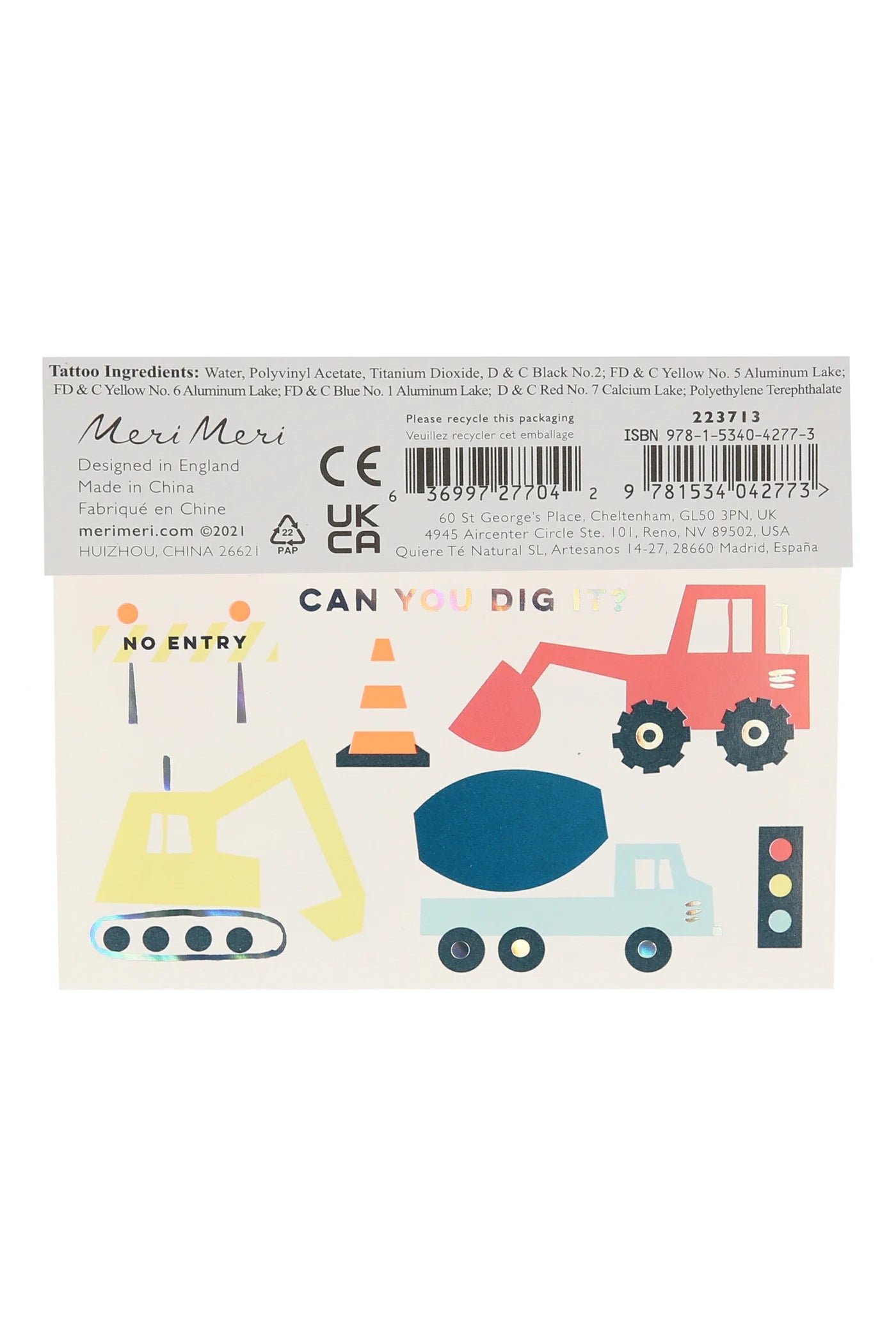 The Construction Tattoos (Pack of 2) by MERI MERI features a sheet of vibrant temporary tattoos with illustrations of an excavator, dump truck, traffic cone, and "No Entry" sign. Enhanced with shiny silver foil and playful colors, it prominently displays the phrase "CAN YOU DIG IT?" at the top.