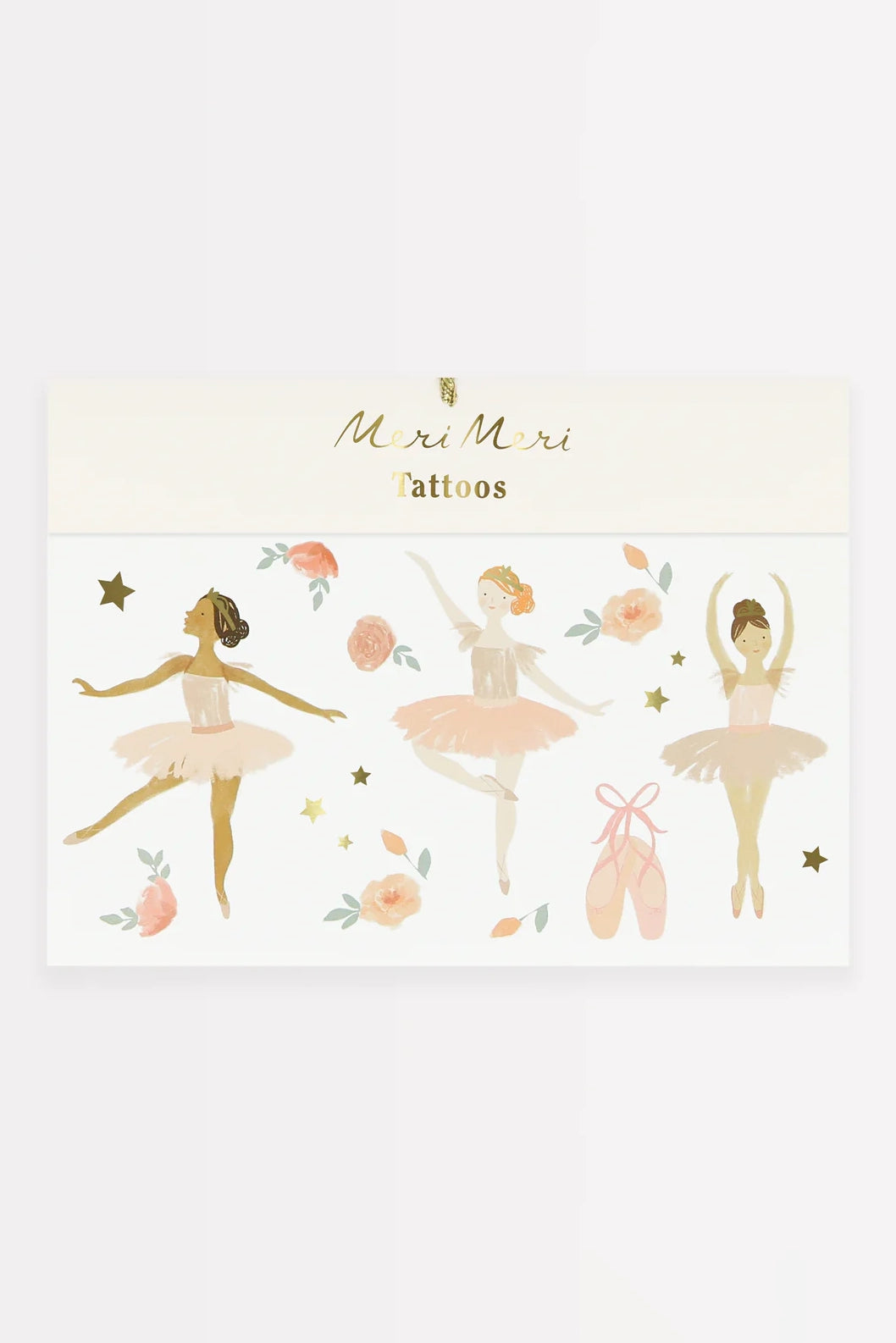 The Ballet Tattoos (Pack of 2) by MERI MERI features a delightful illustrated sheet showcasing three ballerina tattoos adorned with stars, flowers, and ballet shoes. Each ballerina is elegantly dressed in pastel pink tutus, captured in enchanting dance poses against a crisp white background—perfect for a fun party activity with temporary tattoos for young dancers.