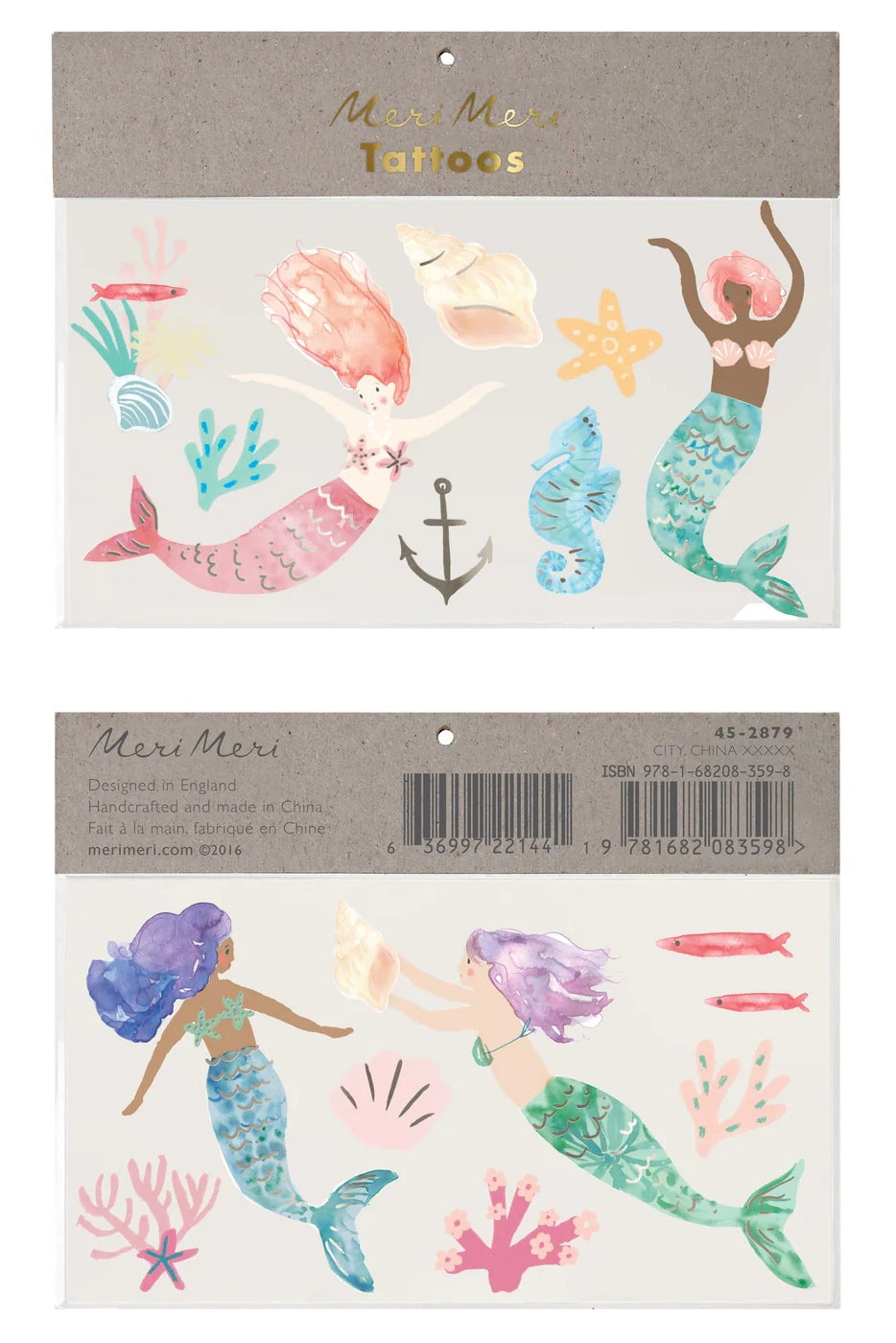 Immerse yourself in enchantment with the "Mermaid Large Tattoos" pack, featuring whimsical designs of colorful mermaids, fish, an anchor, starfish, and coral—ideal for an under-the-sea party. The packaging prominently showcases the "MERI MERI" brand for all your magical adventures.