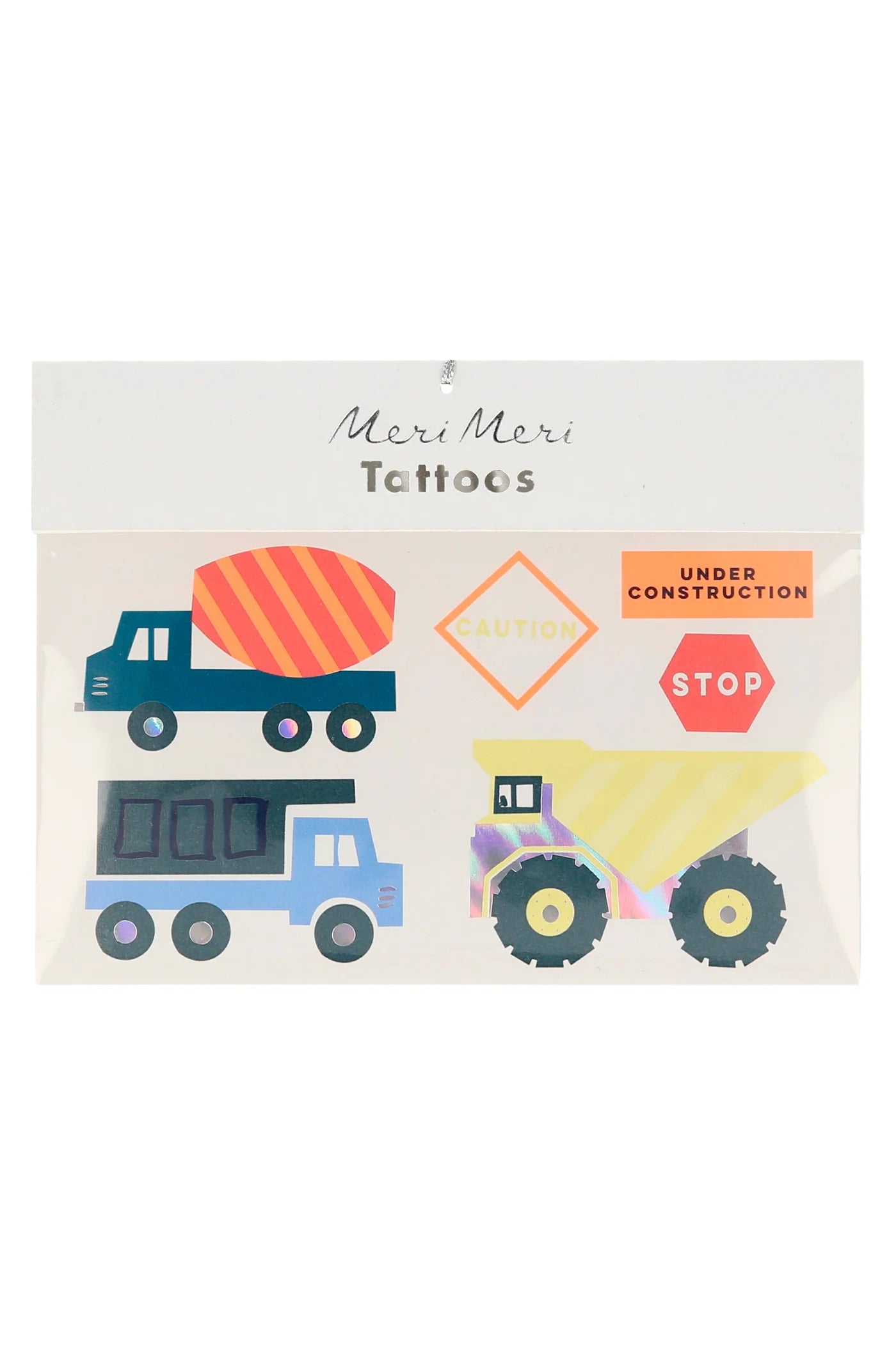 A set of construction temporary tattoos from MERI MERI, featuring illustrated designs such as a cement mixer, dump truck, and caution signs. The packaging highlights the "Construction Tattoos (Pack of 2)" and includes accents of shiny silver foil.