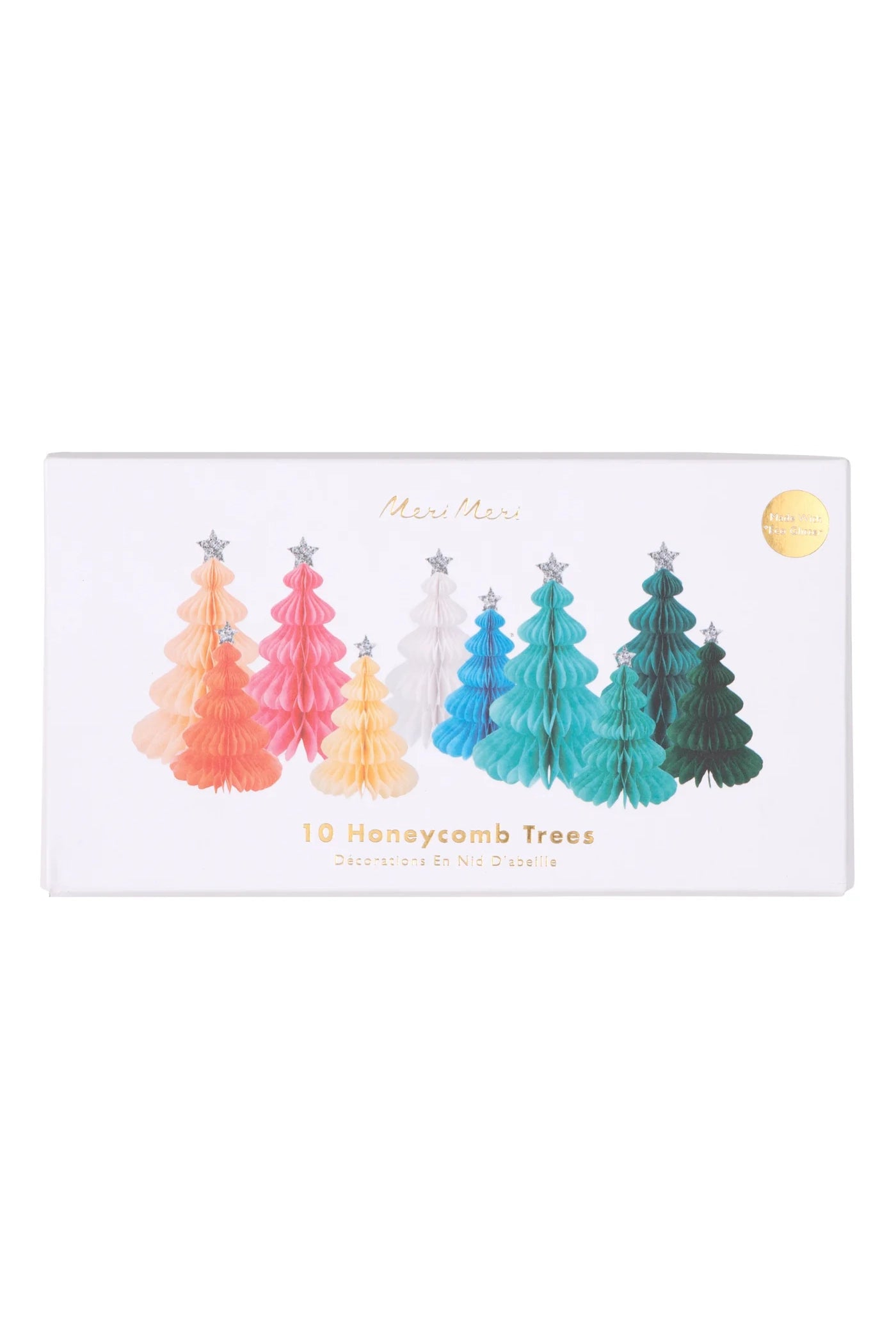 The package "Rainbow Forest Honeycomb Decorations" by MERI MERI contains a set of 10 vibrant honeycomb tree decorations, available in two sizes, showcasing shades of orange, pink, white, teal, blue, and green with silver star toppers.