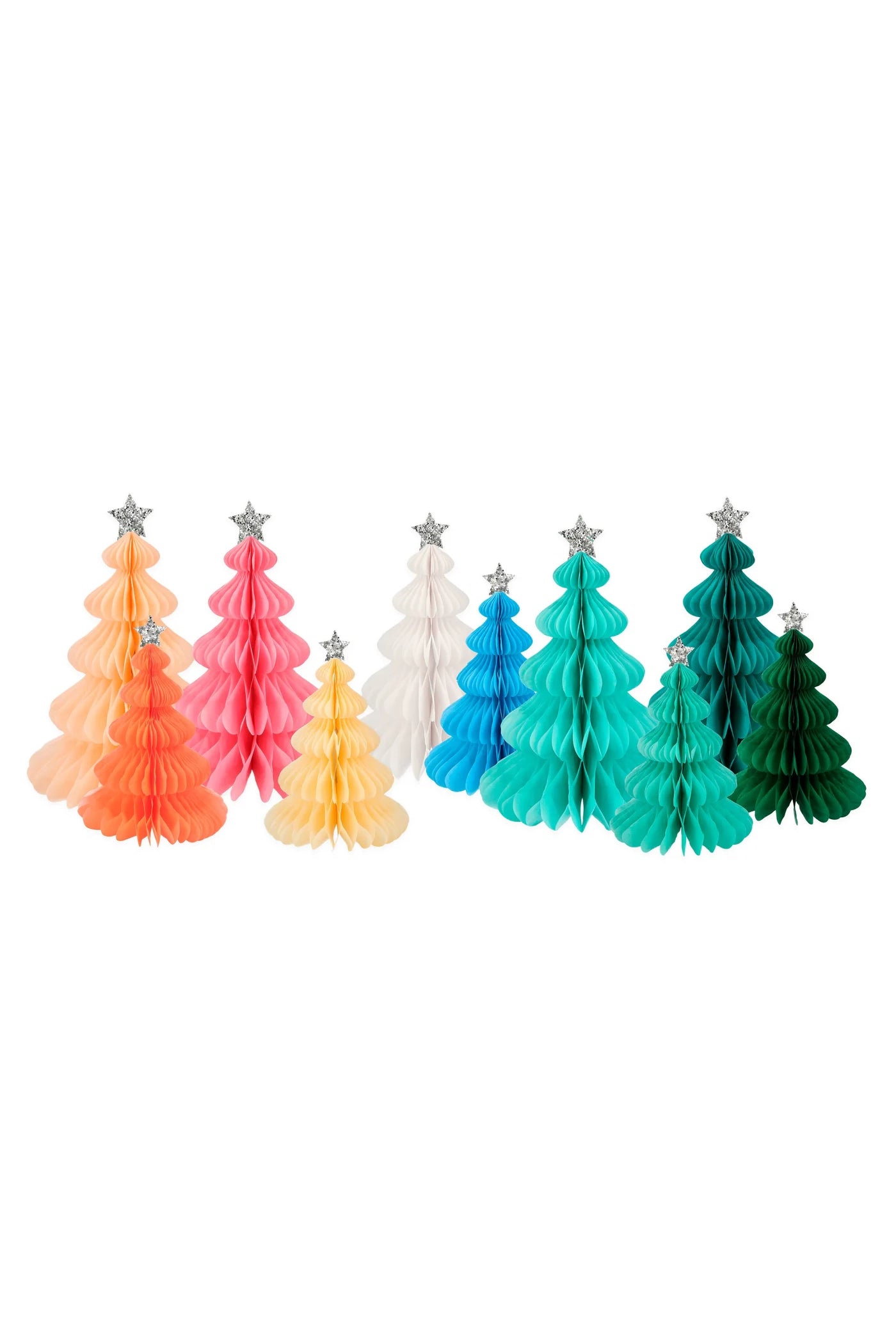 The Rainbow Forest Honeycomb Decorations by MERI MERI comprise a vibrant set of colorful trees adorned with star toppers. This pack includes tissue paper decorations in two sizes, featuring festive shades of orange, pink, yellow, white, blue, teal, and green.