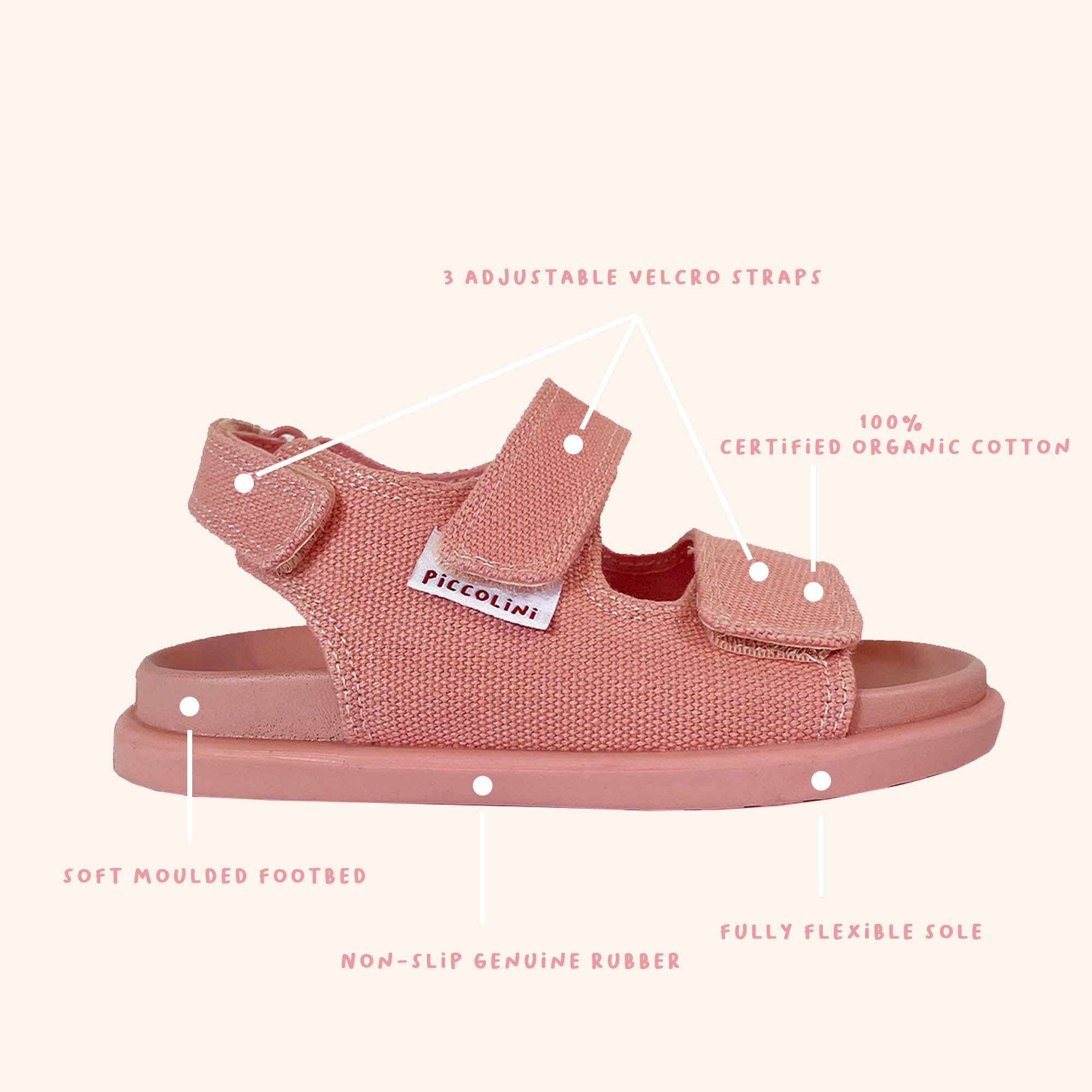 Pink sandal available for pre-order, named "Original Sandals Pink" by PICCOLINI, featuring three adjustable Velcro straps, a soft molded footbed, and a non-slip genuine rubber sole recommended by podiatrists. Made of 100% certified organic cotton with a fully flexible sole.