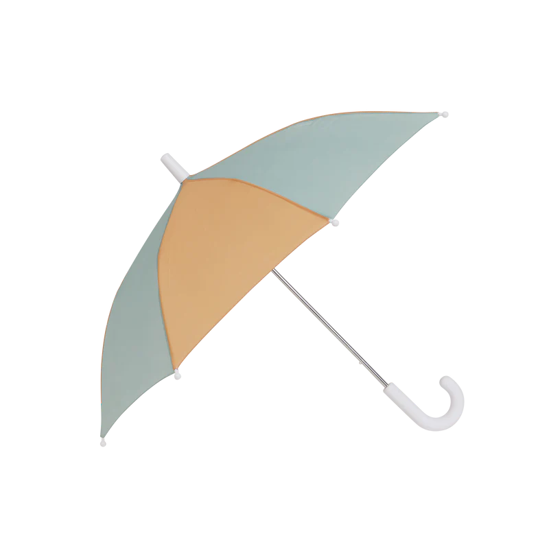 The See-Ya Umbrella by OLLI ELLA is a vibrant, multicolored kids' umbrella featuring a curved white handle. Its canopy, crafted from recycled polyester, showcases alternating light blue and beige panels. When opened, the umbrella displays its sturdy structure and eye-catching design.