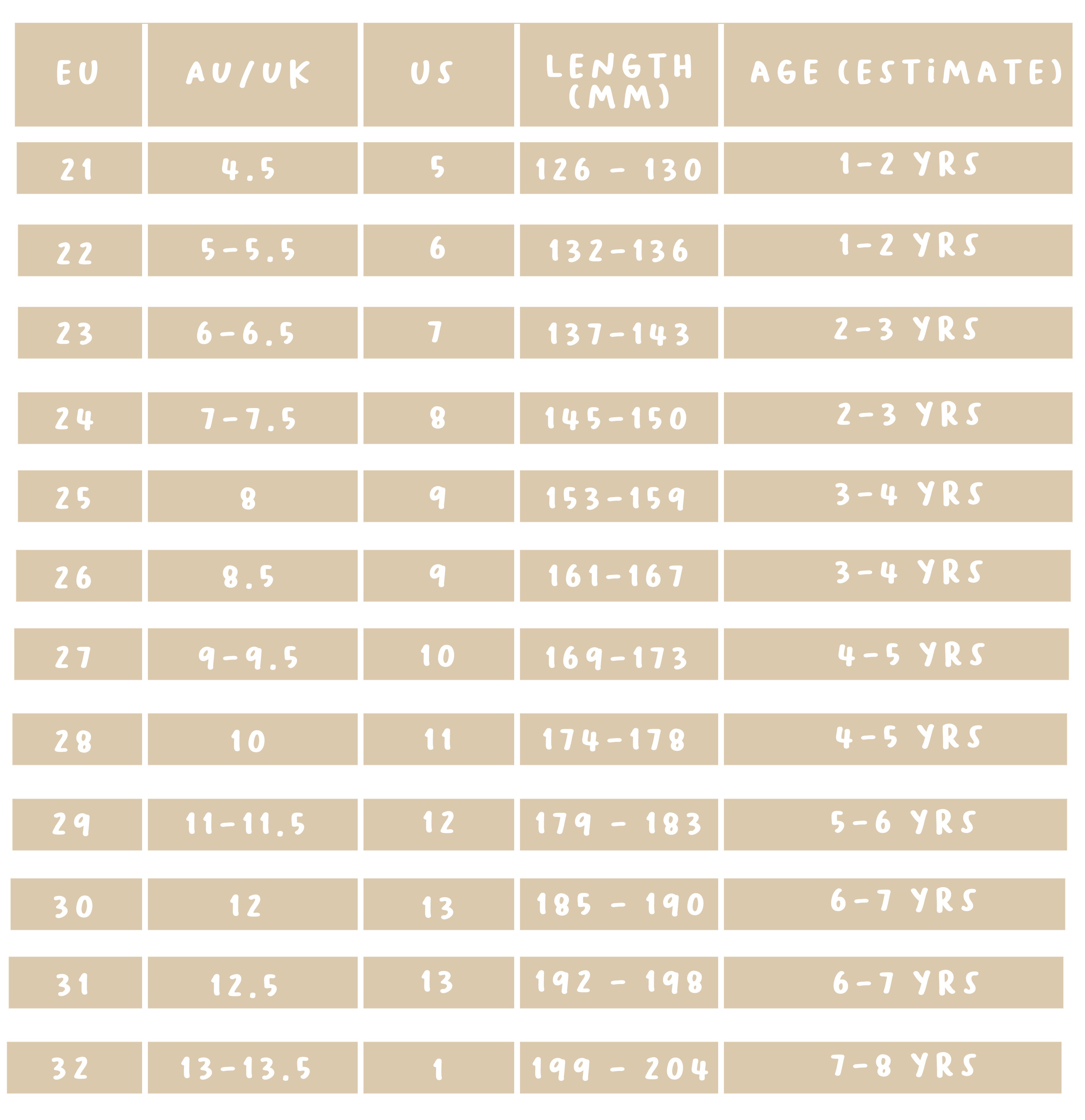 PICCOLINI Sneaker size chart.