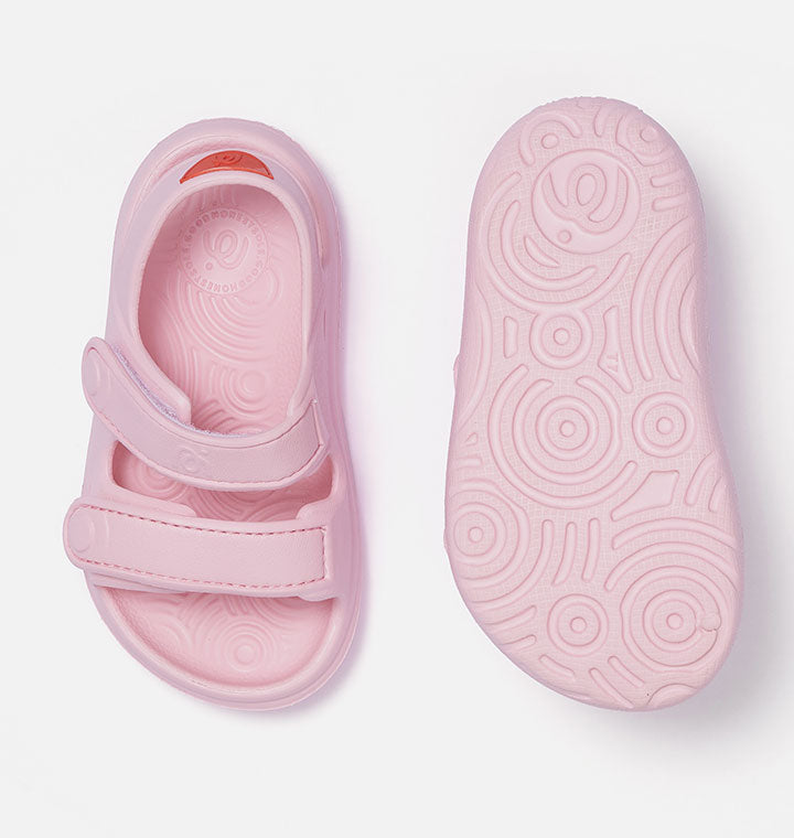 Top and sole view of Simples WonderSkips sandals in Petal Pink