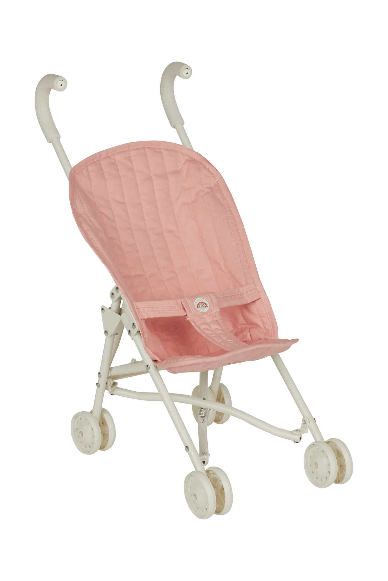 Introducing the Sollie Stroller Rose by OLLI ELLA: a compact, foldable pink stroller with white handlebars and wheels. Perfect for your child's doll pram adventures, it features a quilted seat with a safety strap. Designed for easy transportation and storage, this makes an ideal choice for a kids' doll stroller.