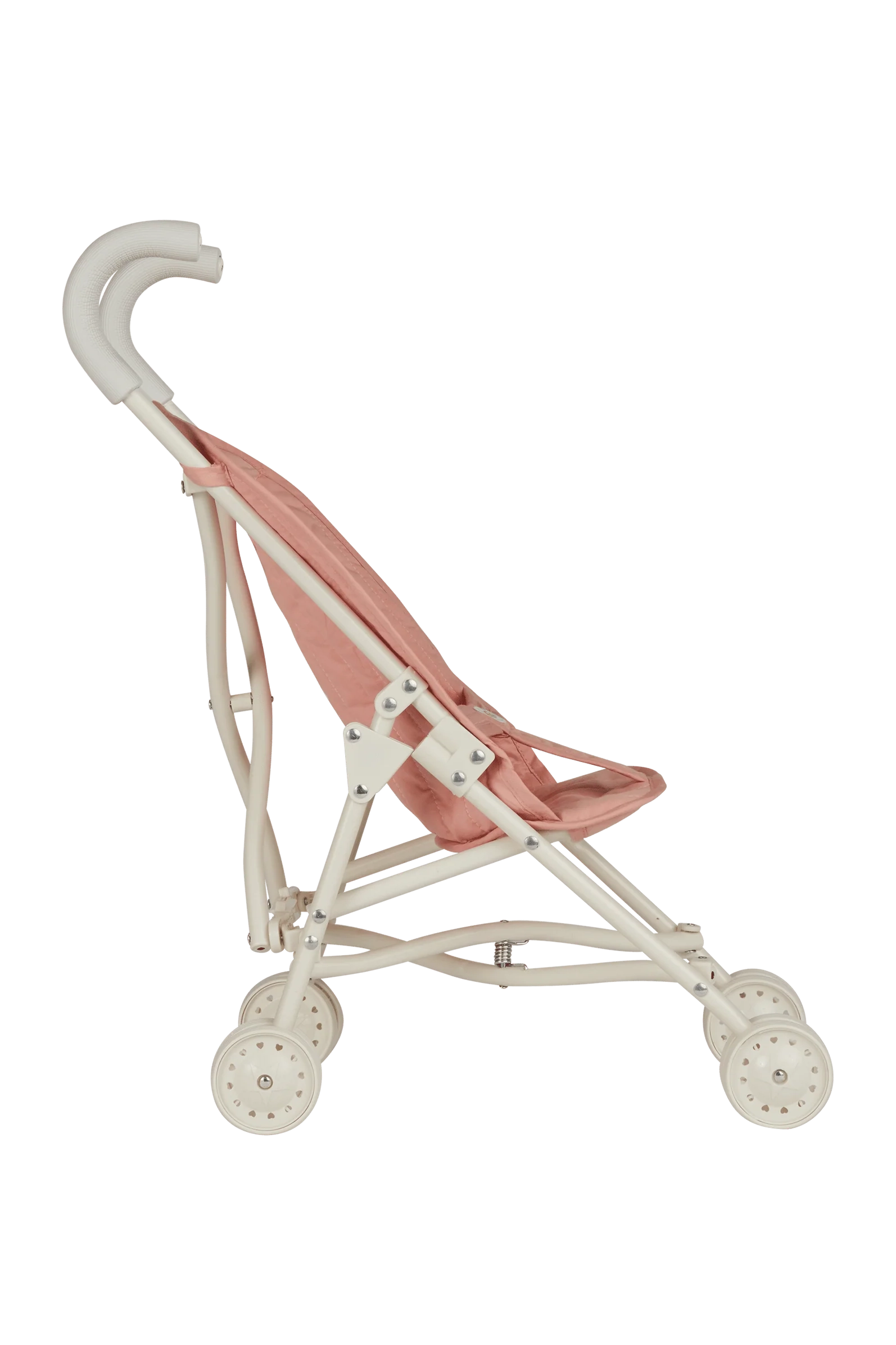 Side view of the OLLI ELLA Sollie Stroller Rose, a lightweight and foldable kids' doll stroller featuring a pink design with white handles and wheels. It is crafted for easy transport and convenience, making it ideal for little ones on the go.