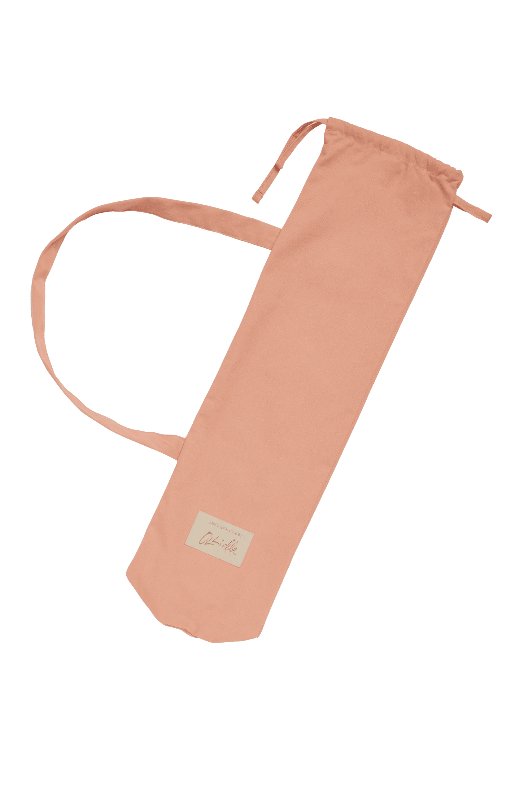 The Sollie Stroller Rose, a pink fabric bag by OLLI ELLA, is designed to hold a yoga mat with ease. It features a long strap and a drawstring closure, accented by a small rectangular tag emblazoned with the word "Collective.