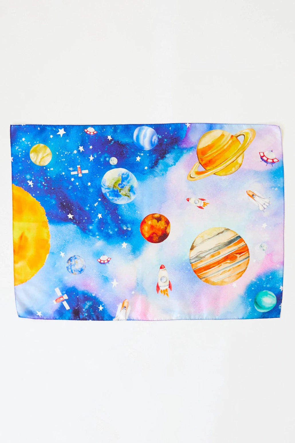 The Outer Space Seek & Find Playsilk by SARAH'S SILKS features a vibrant blue and orange cosmic background showcasing planets, stars, rockets, and spacecraft. This captivating celestial design is perfect for imaginative playsilk adventures and encourages open-ended play.