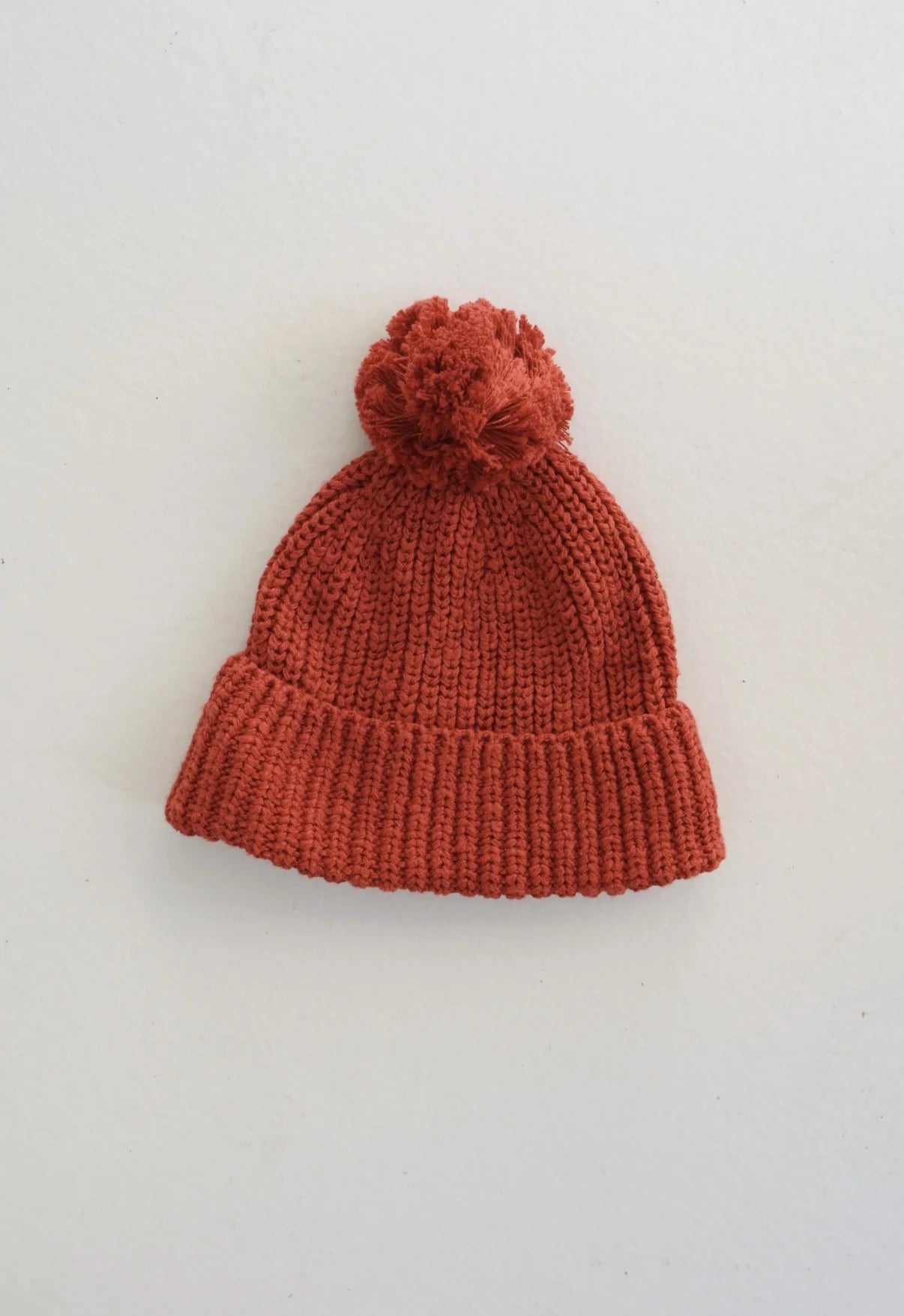 The EN. THE LABEL “En The Label - Knit Beanie Red Wine” is a chunky, rust-colored knit hat with a folded brim and pom-pom, crafted from cozy blend yarn and shown against a plain white background.